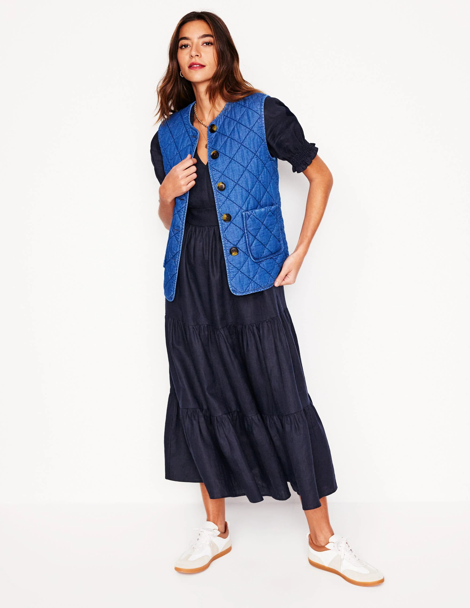 Anna Linen Tiered Midi Dress-Navy - Image 5