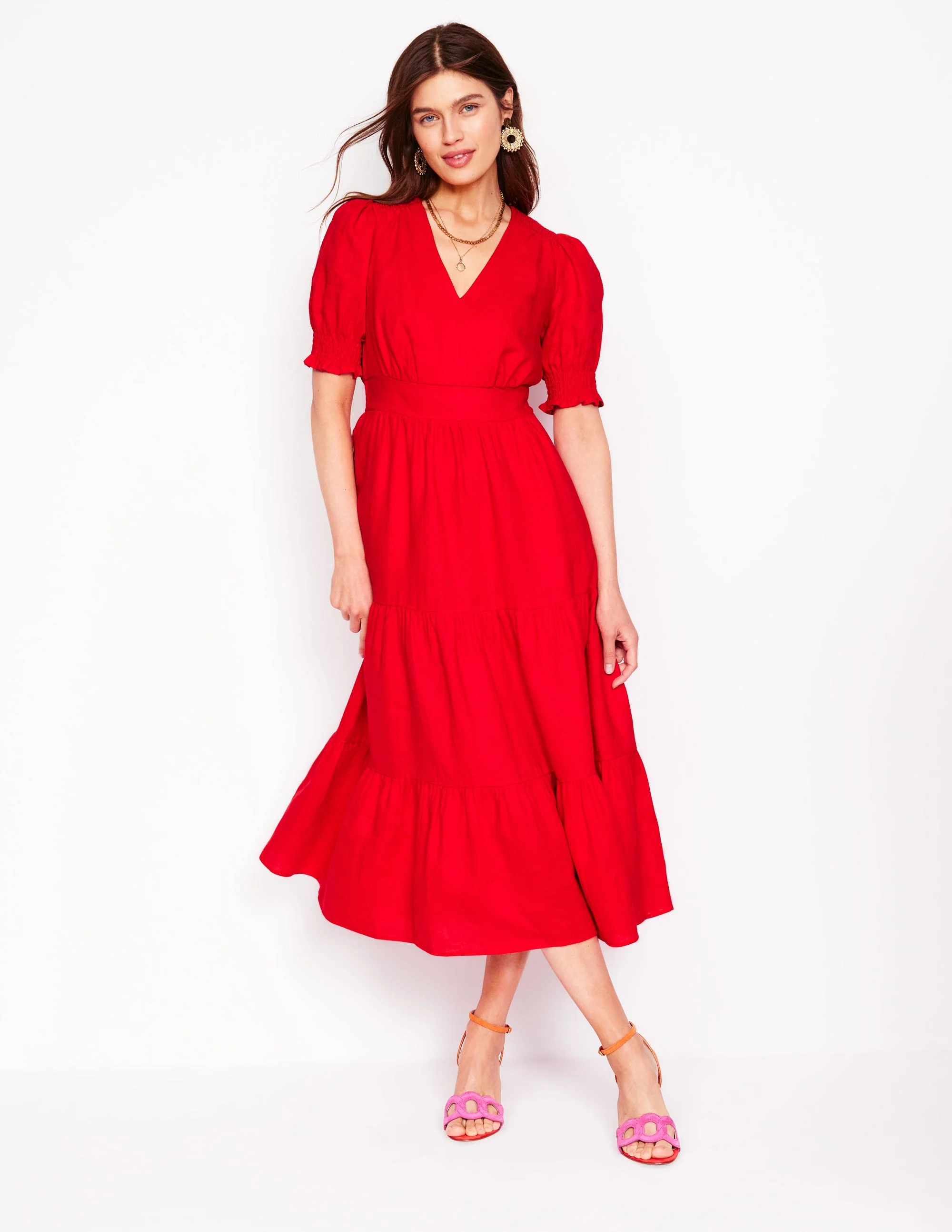Anna Linen Tiered Midi Dress-Poppy Red - Image 5