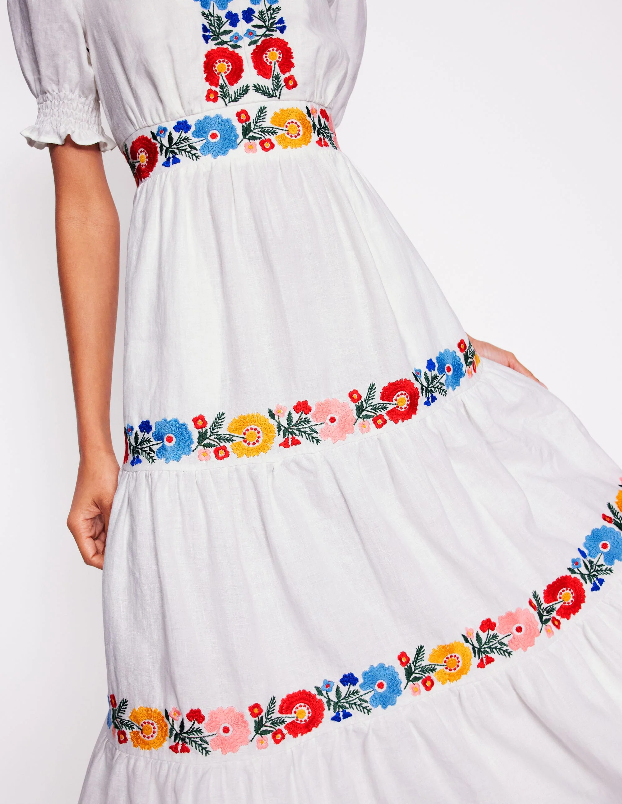 Anna Linen Tiered Midi Dress-White, Multi Embroidery - Image 4