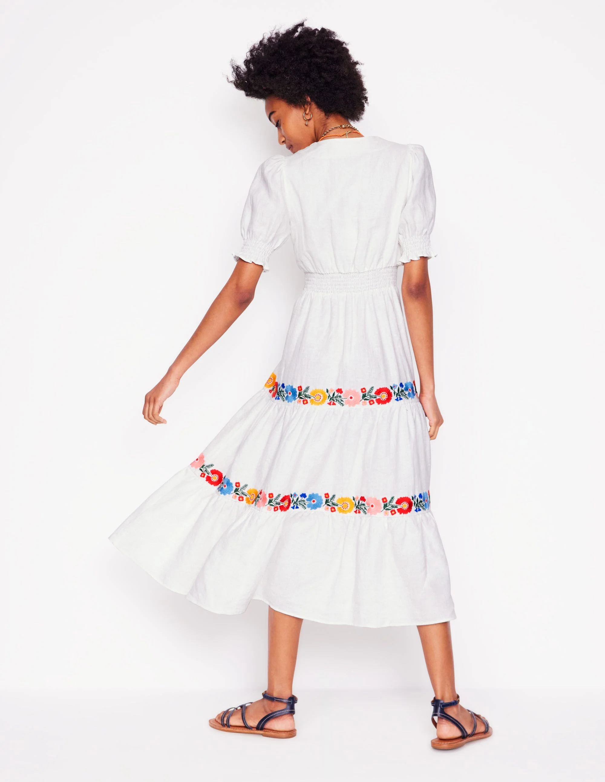 Anna Linen Tiered Midi Dress-White, Multi Embroidery - Image 5