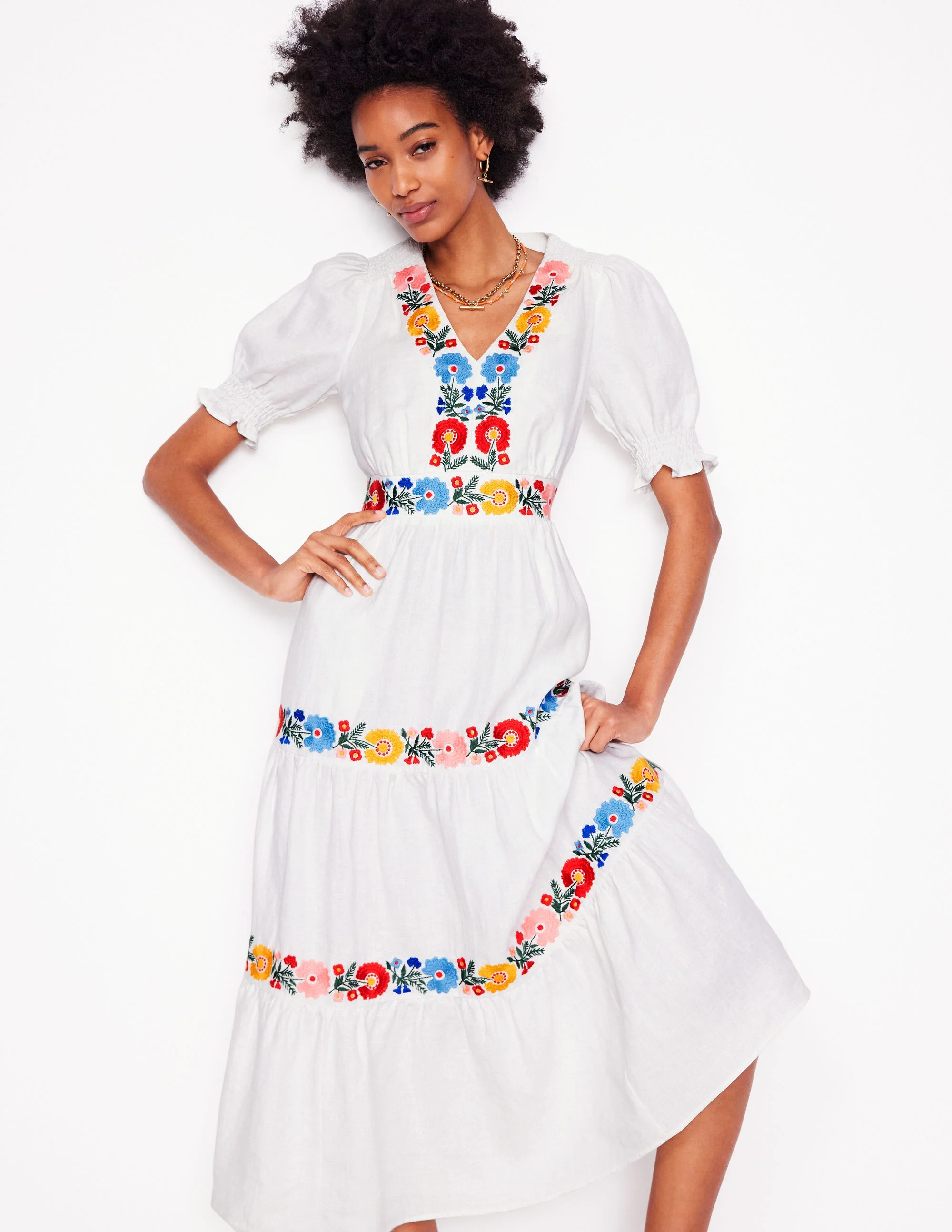 Anna Linen Tiered Midi Dress-White, Multi Embroidery - Image 6