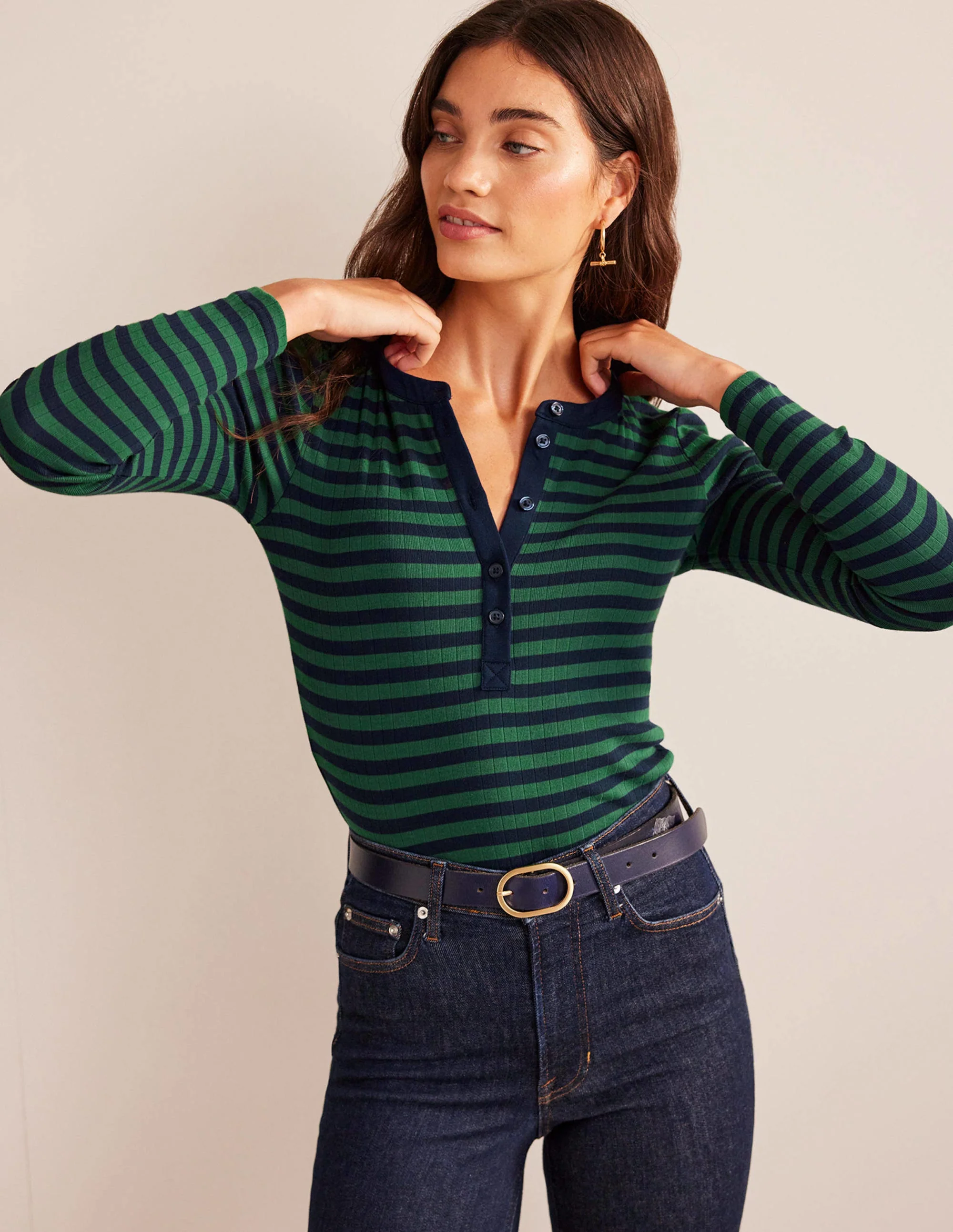 Anna Rib Henley T-Shirt-Green, Navy - Image 4