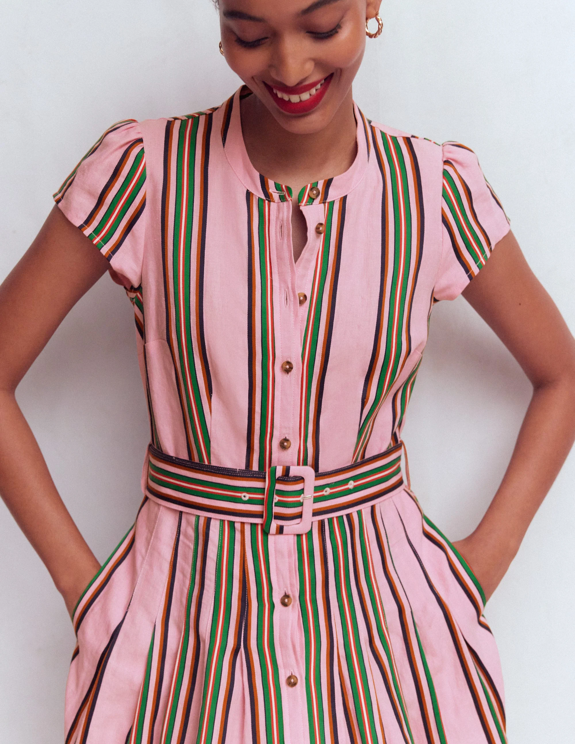Arabella Linen Blend Dress-Pink, Rich Emerald Stripe - Image 2
