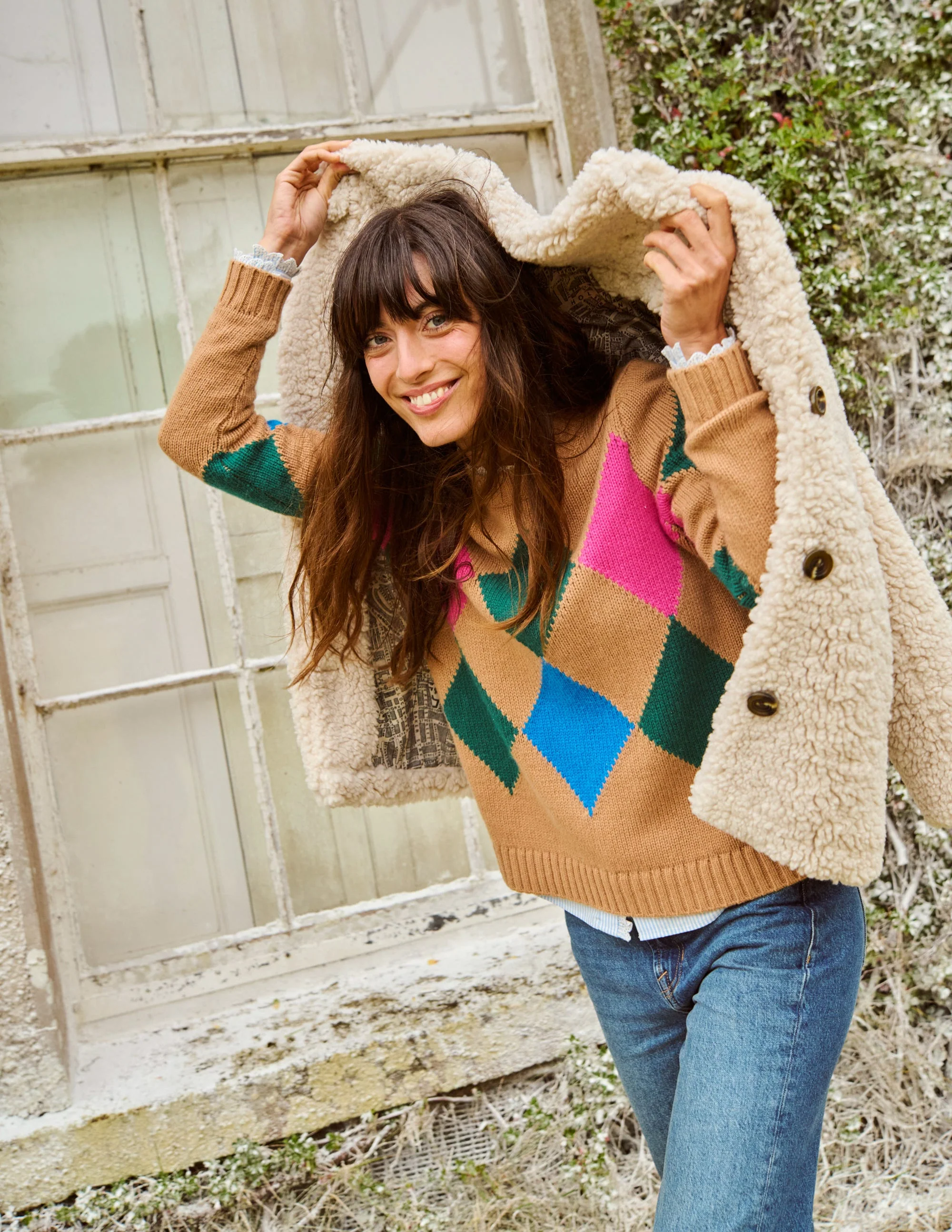Argyle Crew Neck Jumper-Camel Melange, Multi - Image 5