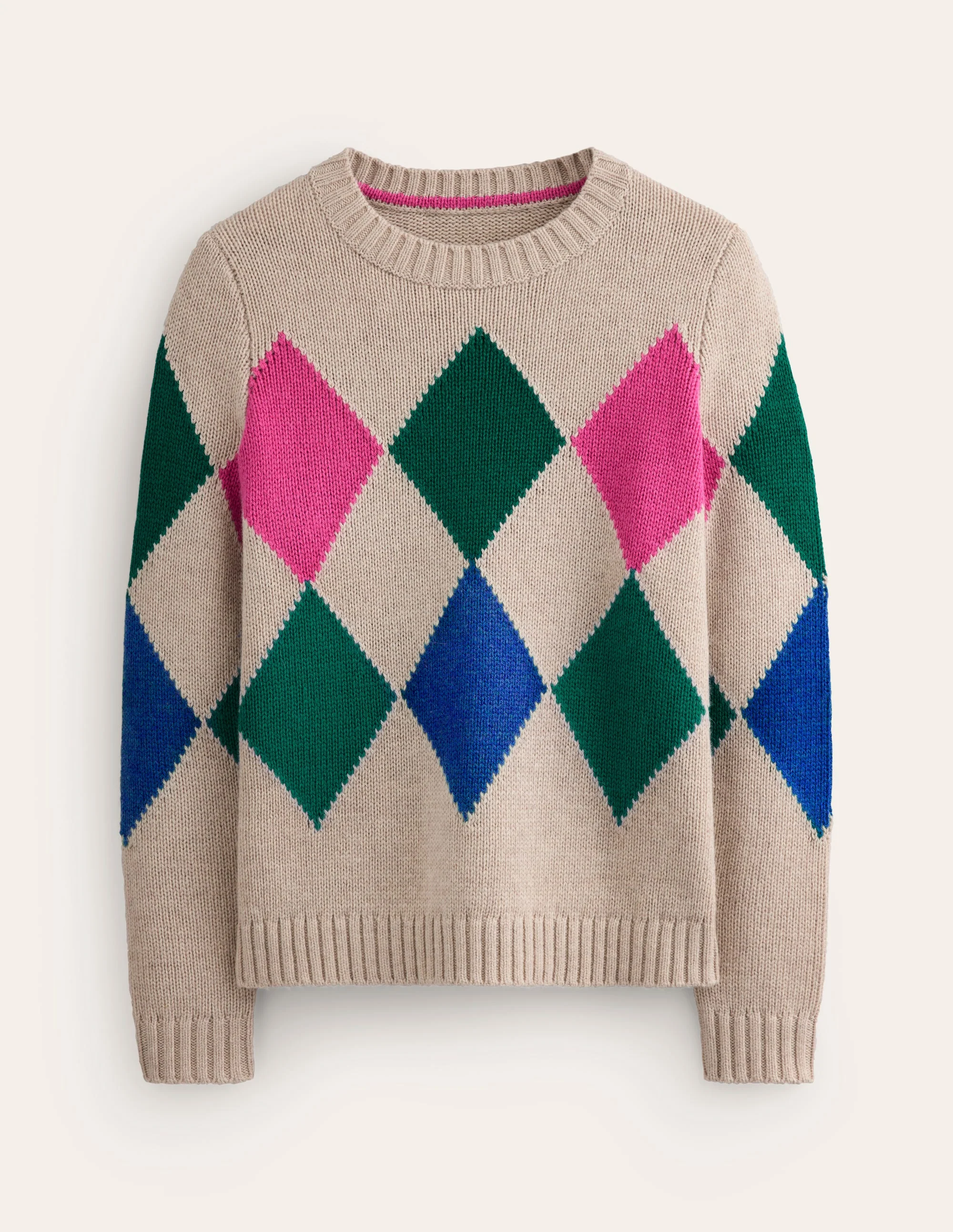 Argyle Crew Neck Jumper-Camel Melange, Multi - Image 6