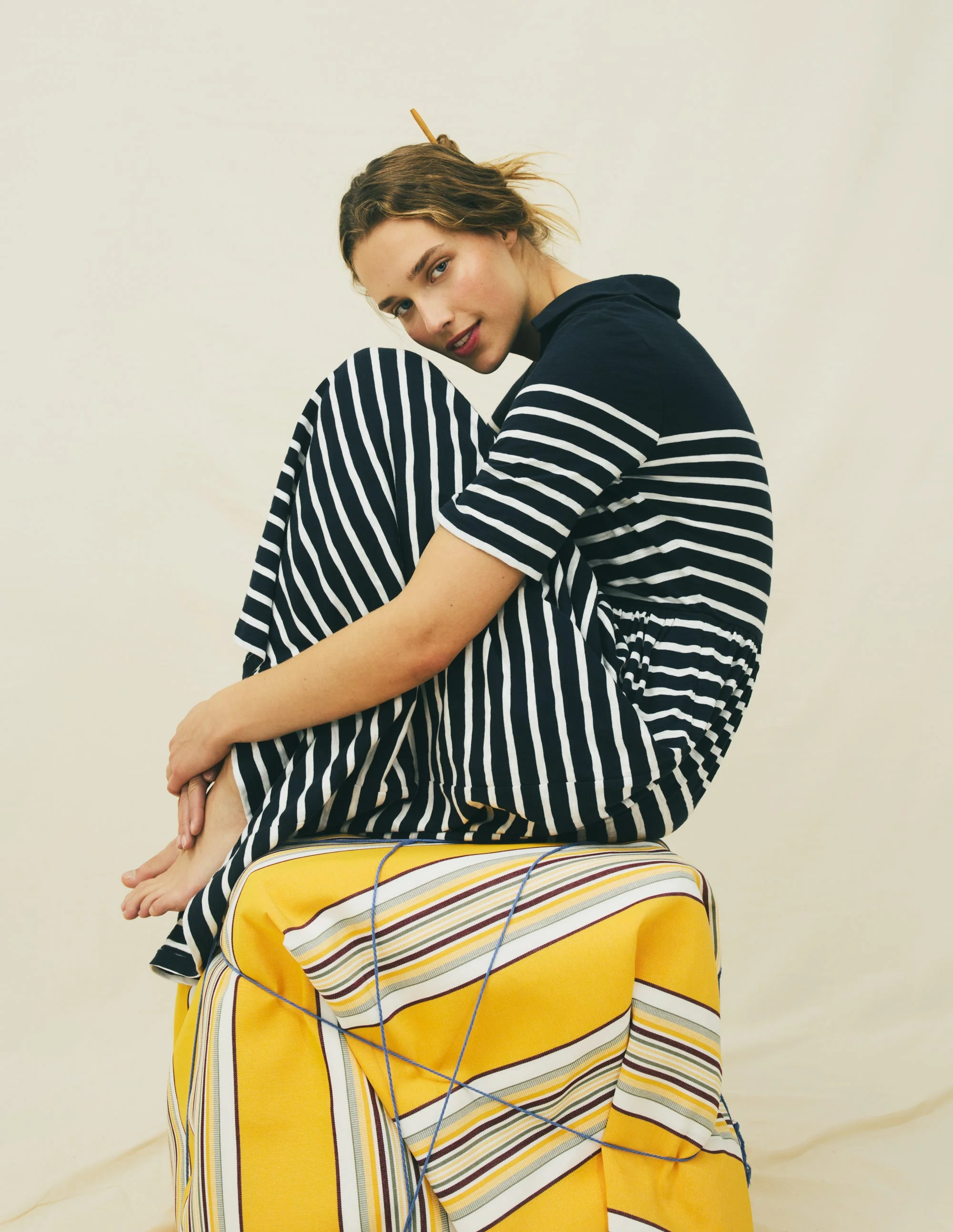 Aria Collared Jersey Dress-Navy, Ivory Stripe - Image 5