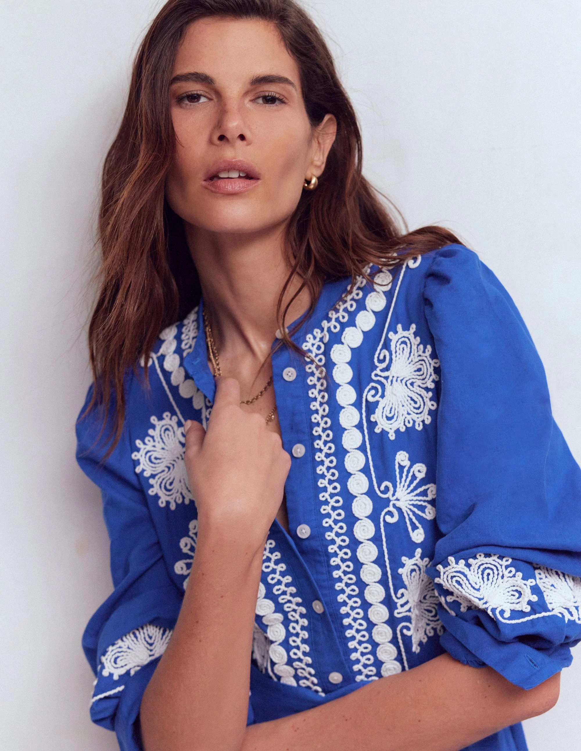 Ava Linen Blend Midi Dress-Blue Embroidery - Image 2