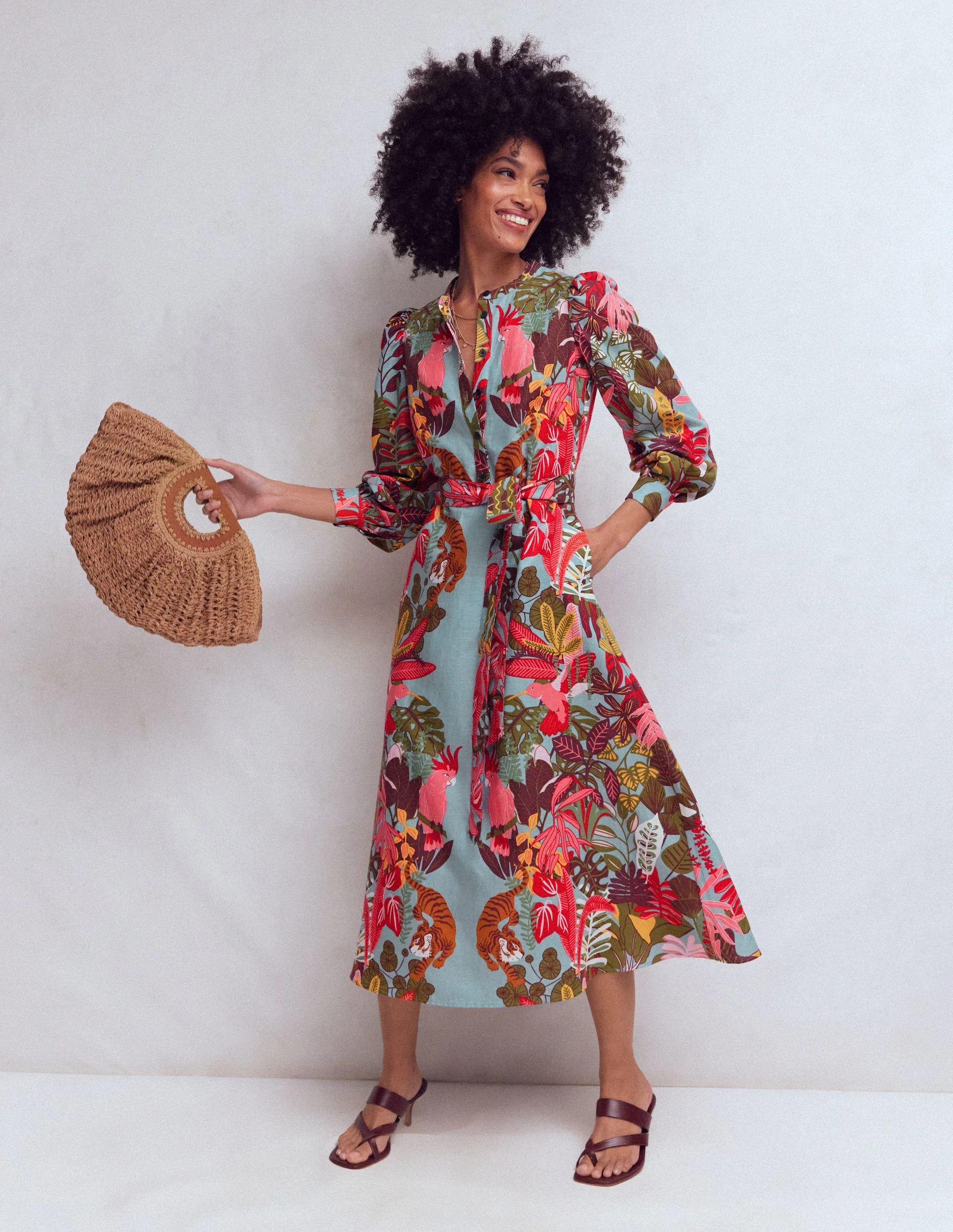 Ava Linen Blend Midi Dress-Blue Tropical Safari Placement - Image 2