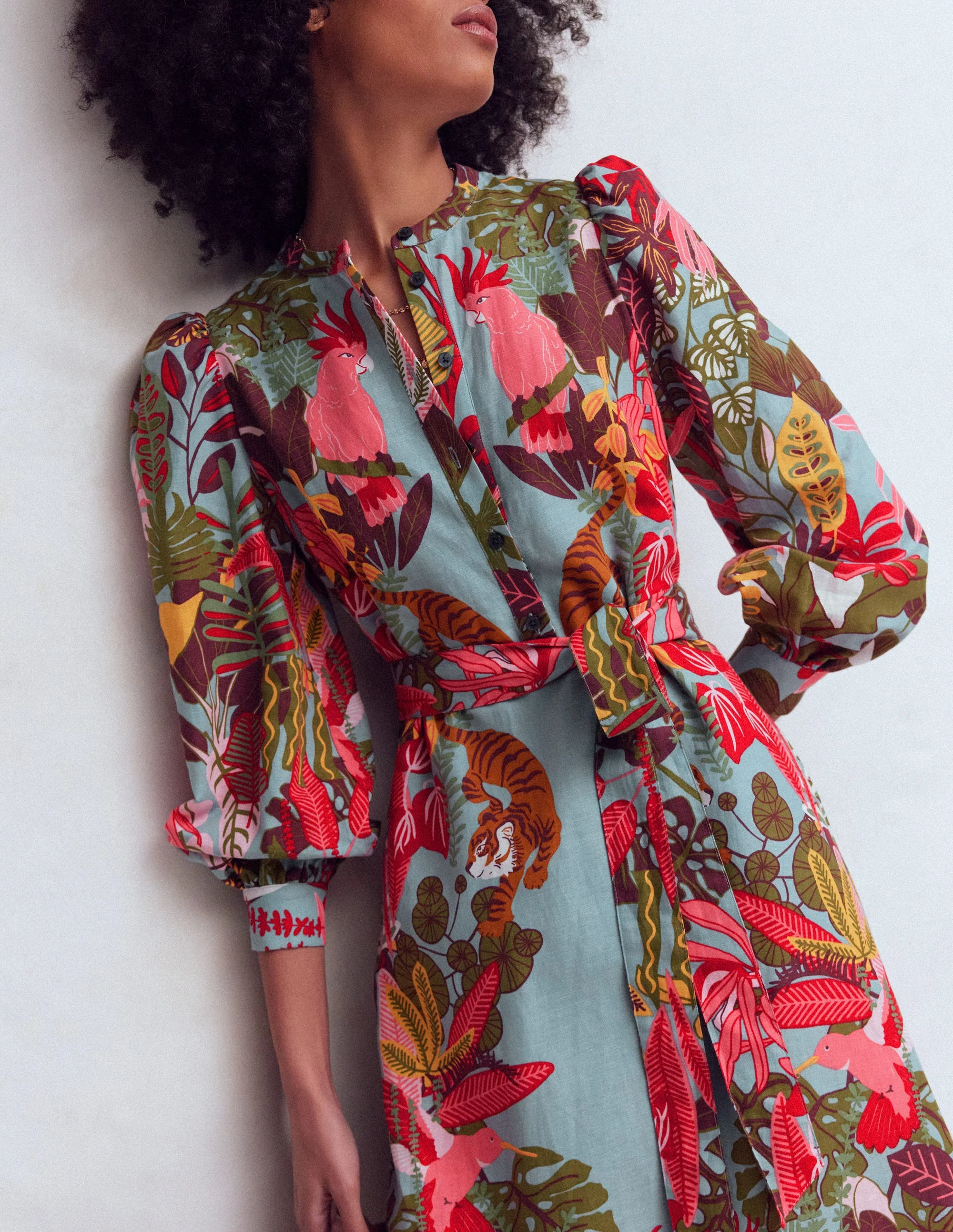 Ava Linen Blend Midi Dress-Blue Tropical Safari Placement - Image 3