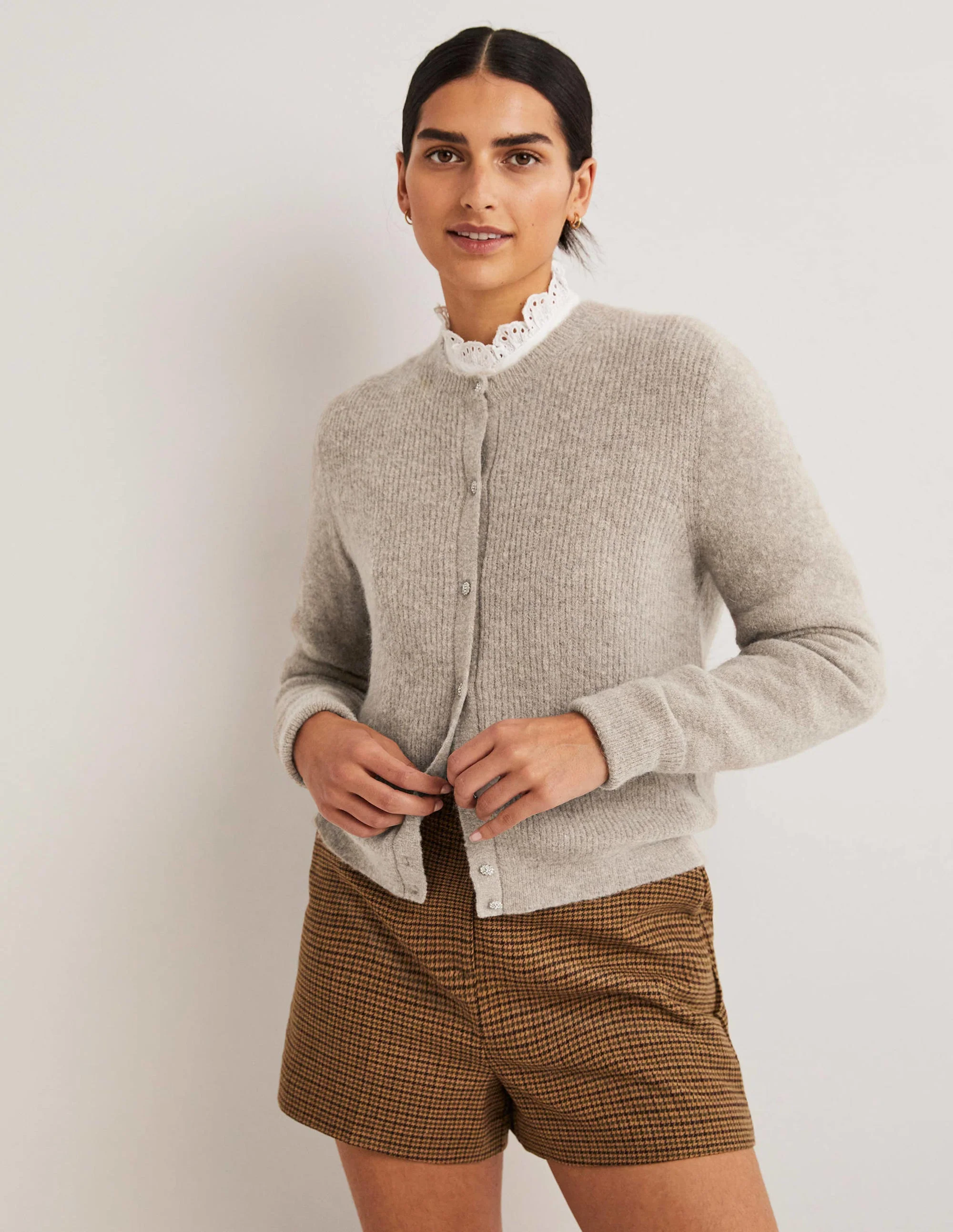 Beige Jewel Button Fluffy Cardigan-Mink Melange
