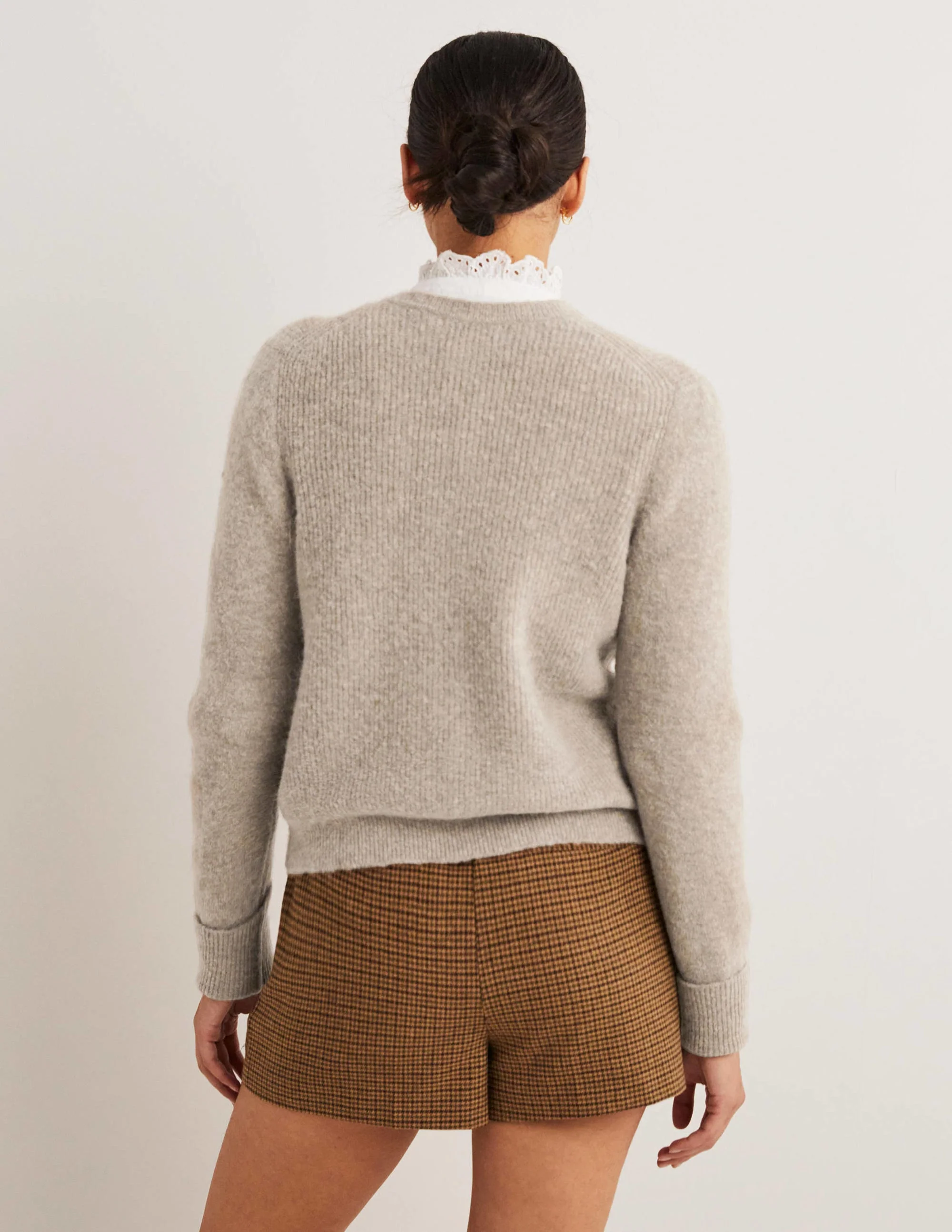 Beige Jewel Button Fluffy Cardigan-Mink Melange - Image 3