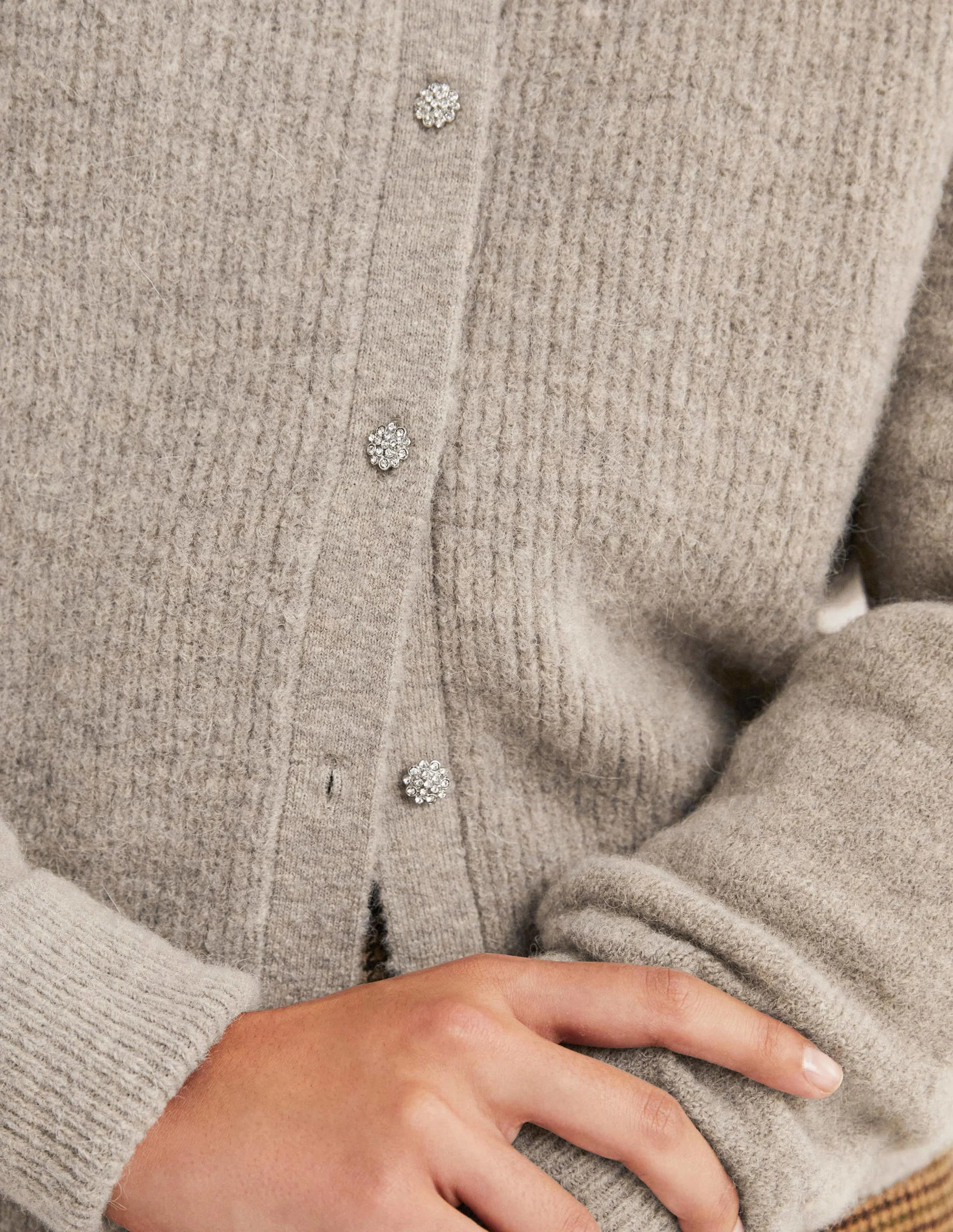 Beige Jewel Button Fluffy Cardigan-Mink Melange - Image 4