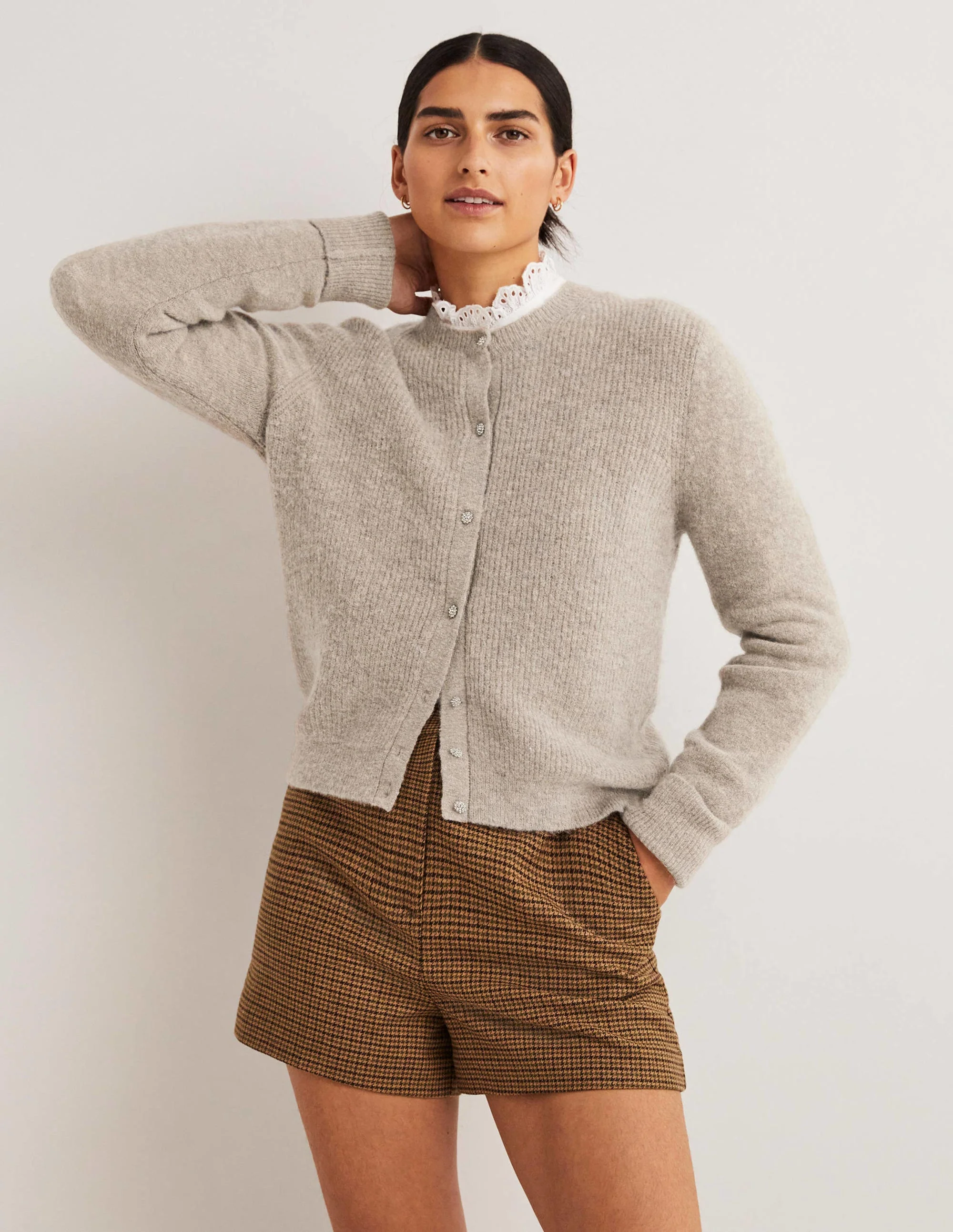 Beige Jewel Button Fluffy Cardigan-Mink Melange - Image 5