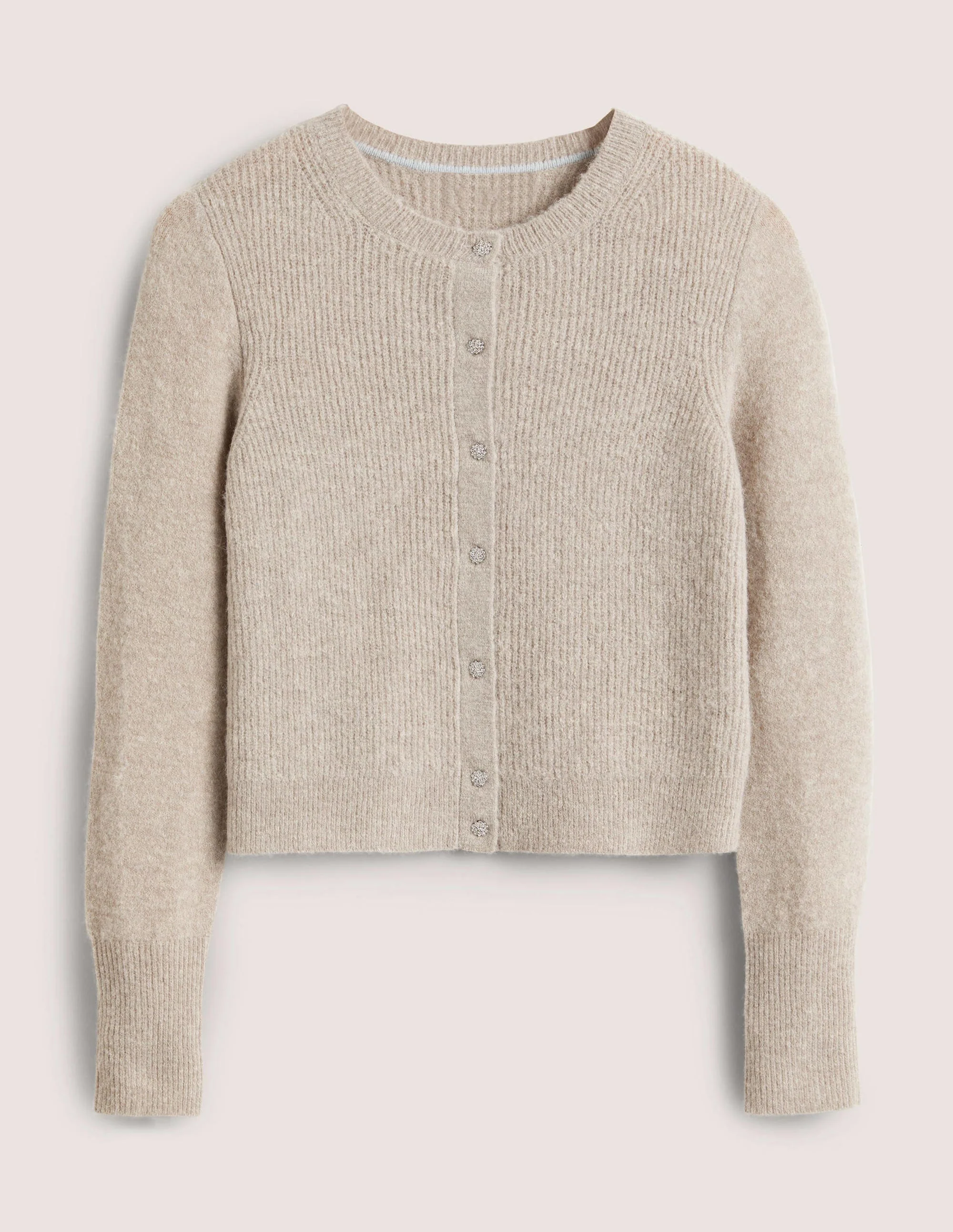Beige Jewel Button Fluffy Cardigan-Mink Melange - Image 6