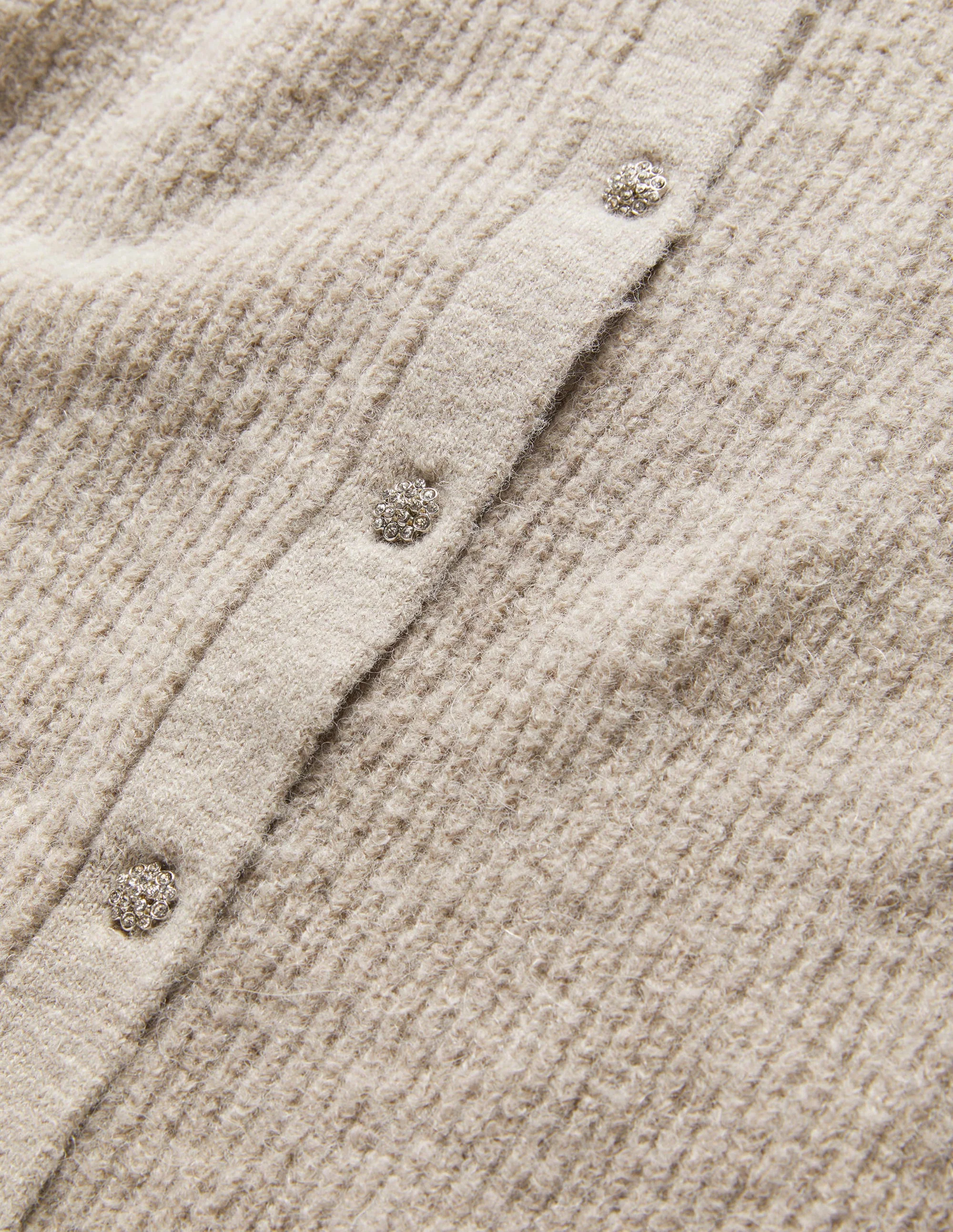 Beige Jewel Button Fluffy Cardigan-Mink Melange - Image 7