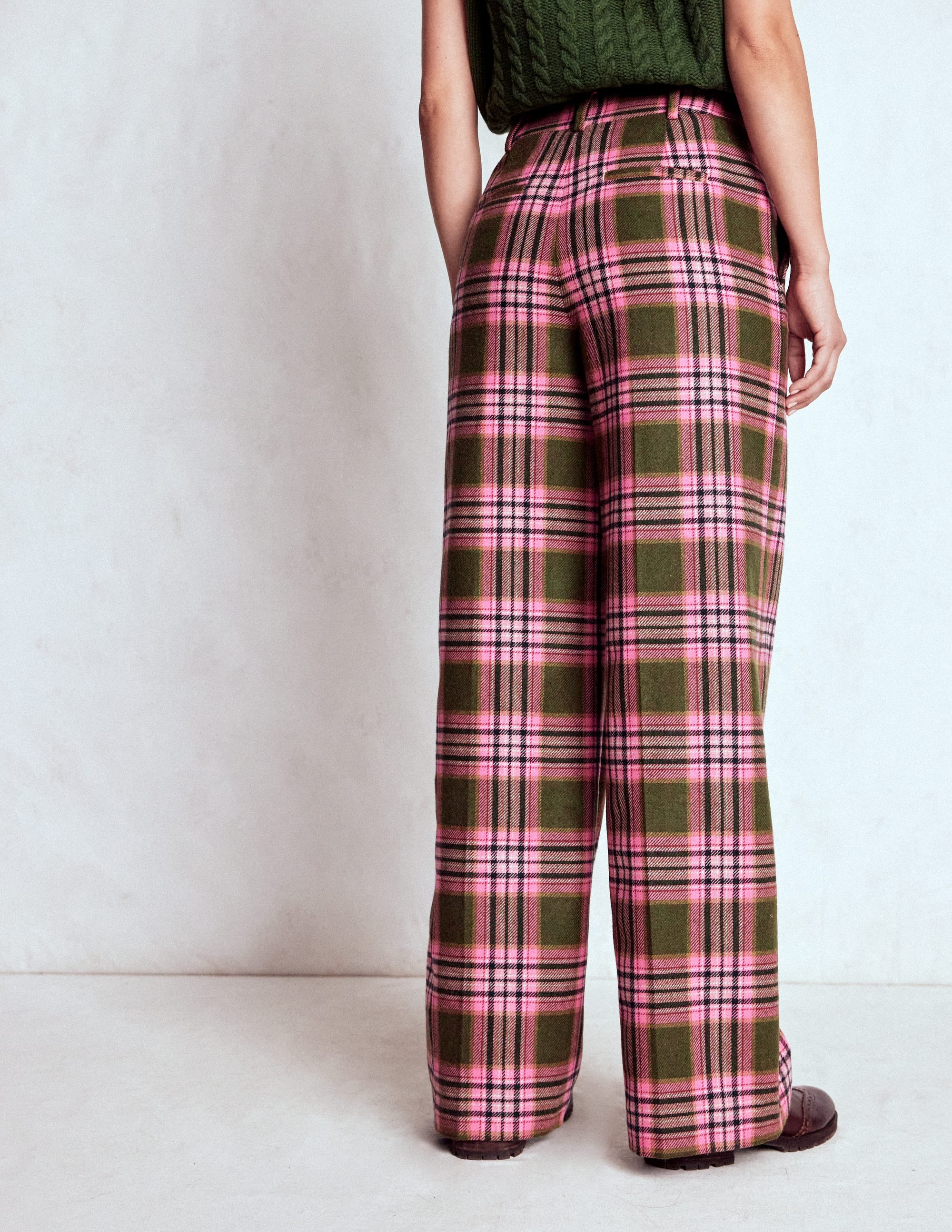 Belgravia Wool Pants-Olive, Green and Pink Check - Image 3