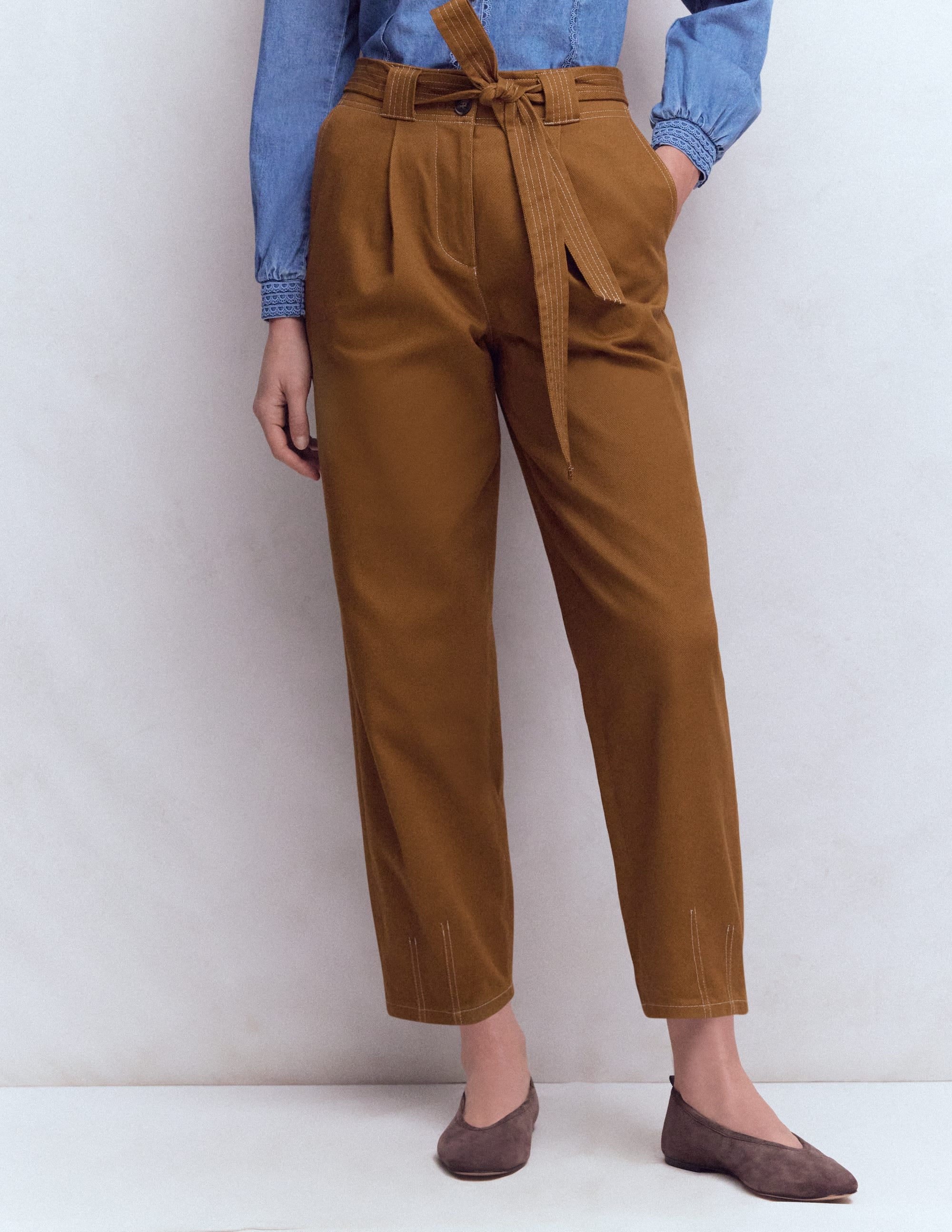 Belted Barrel Leg Pants-GINGERBREAD - Image 4