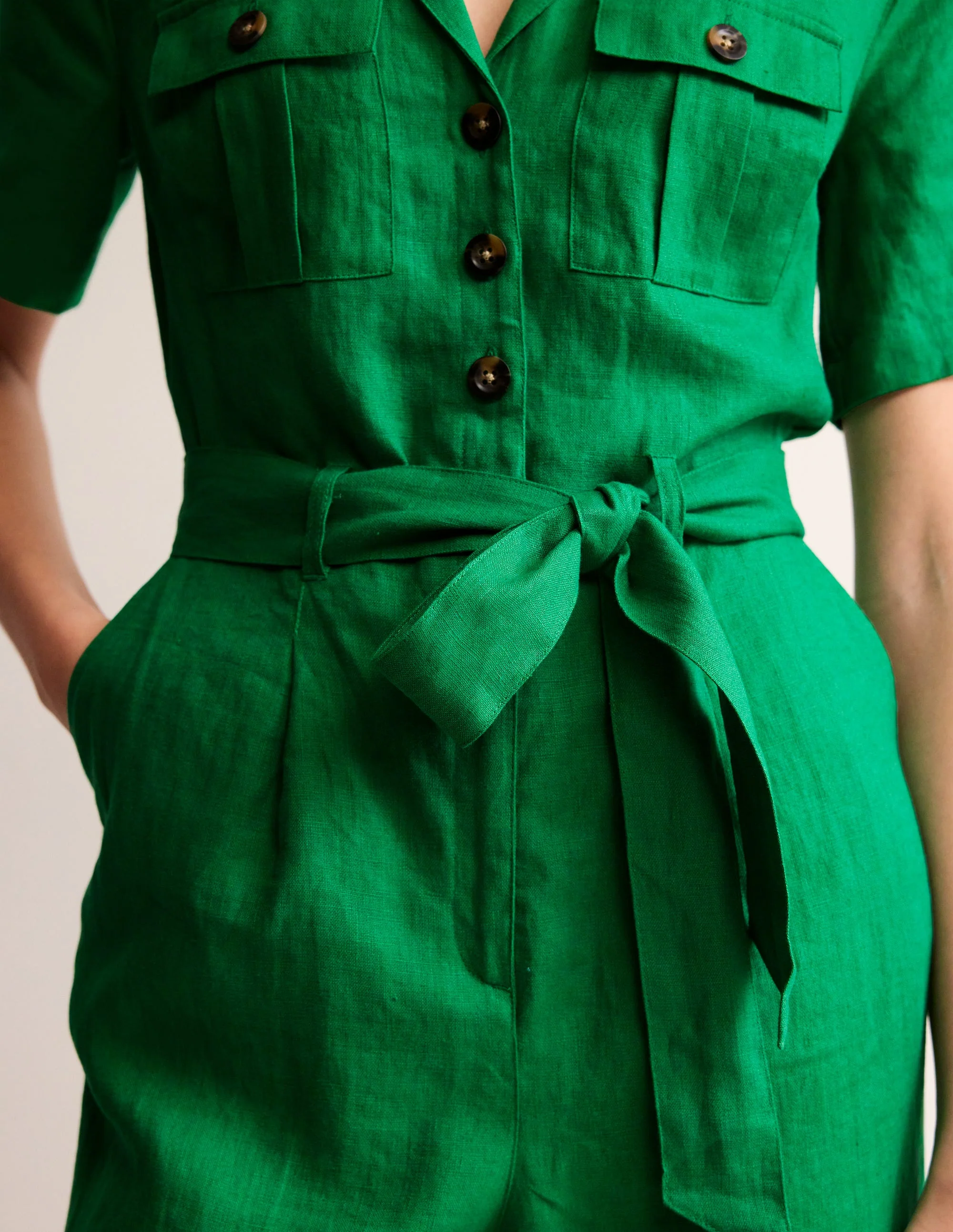 Belted Linen Jumpsuit-Green Tambourine - Image 2