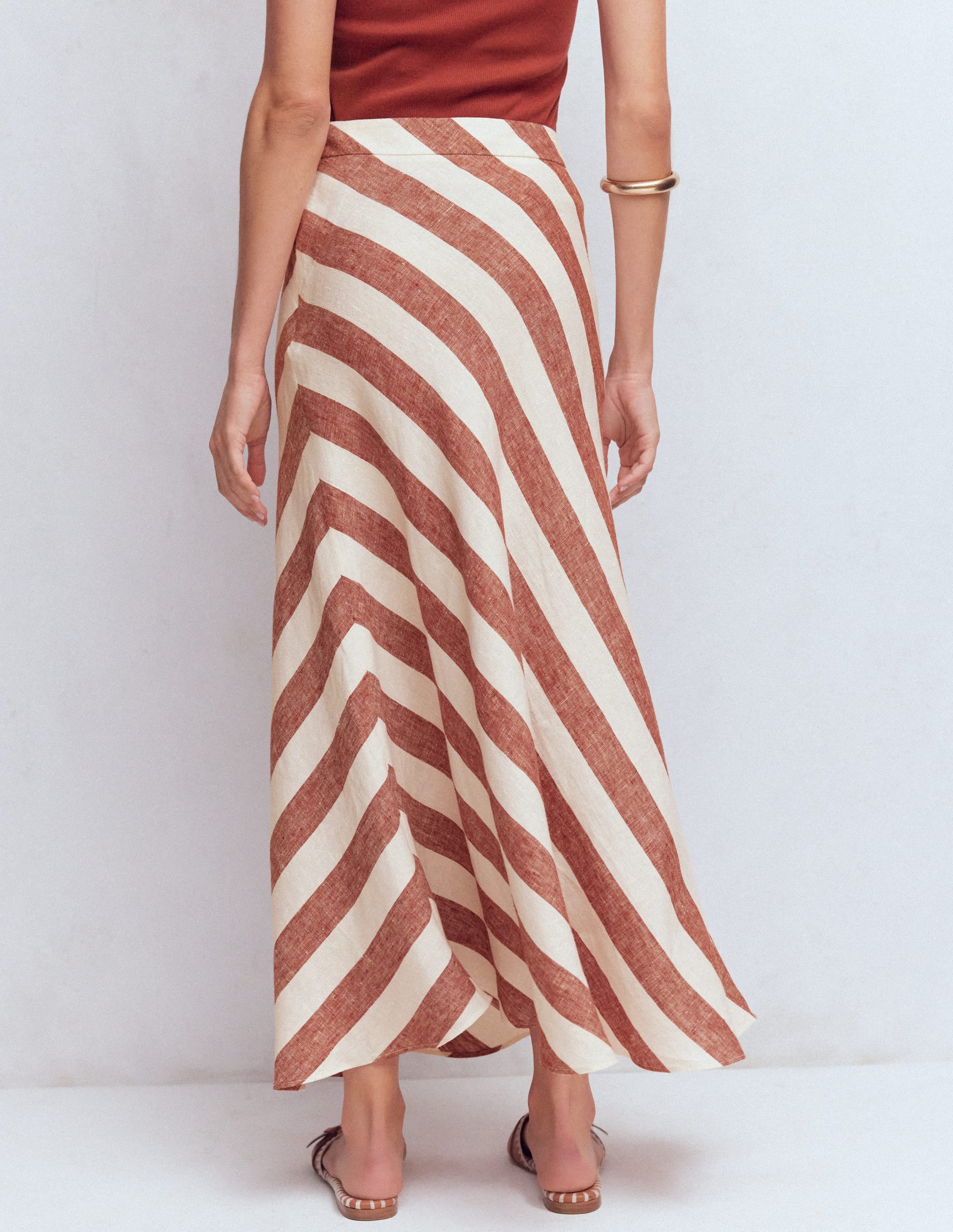 Bias Cut Linen Slip Skirt-Brown Diagonal Stripe - Image 4