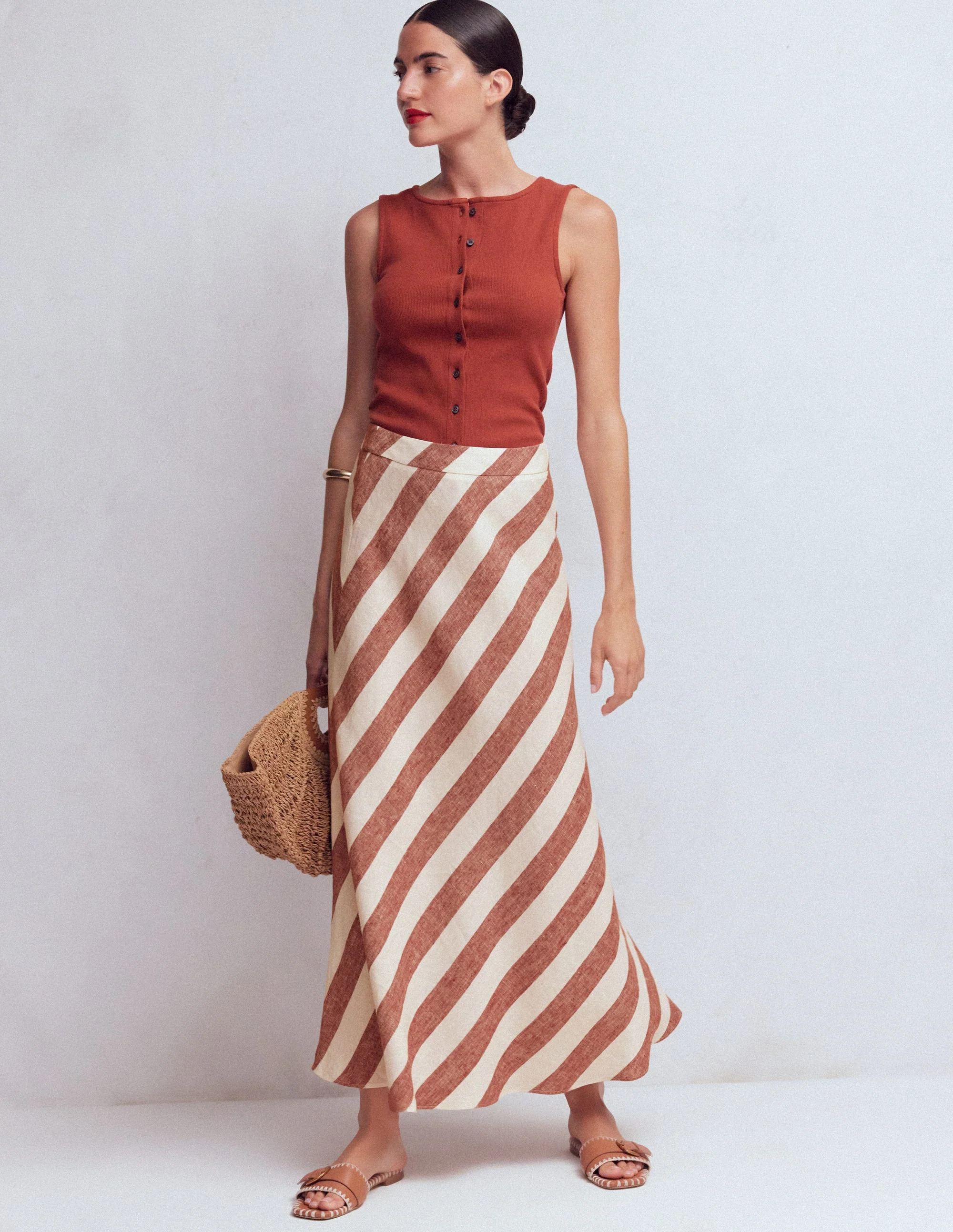Bias Cut Linen Slip Skirt-Brown Diagonal Stripe - Image 6