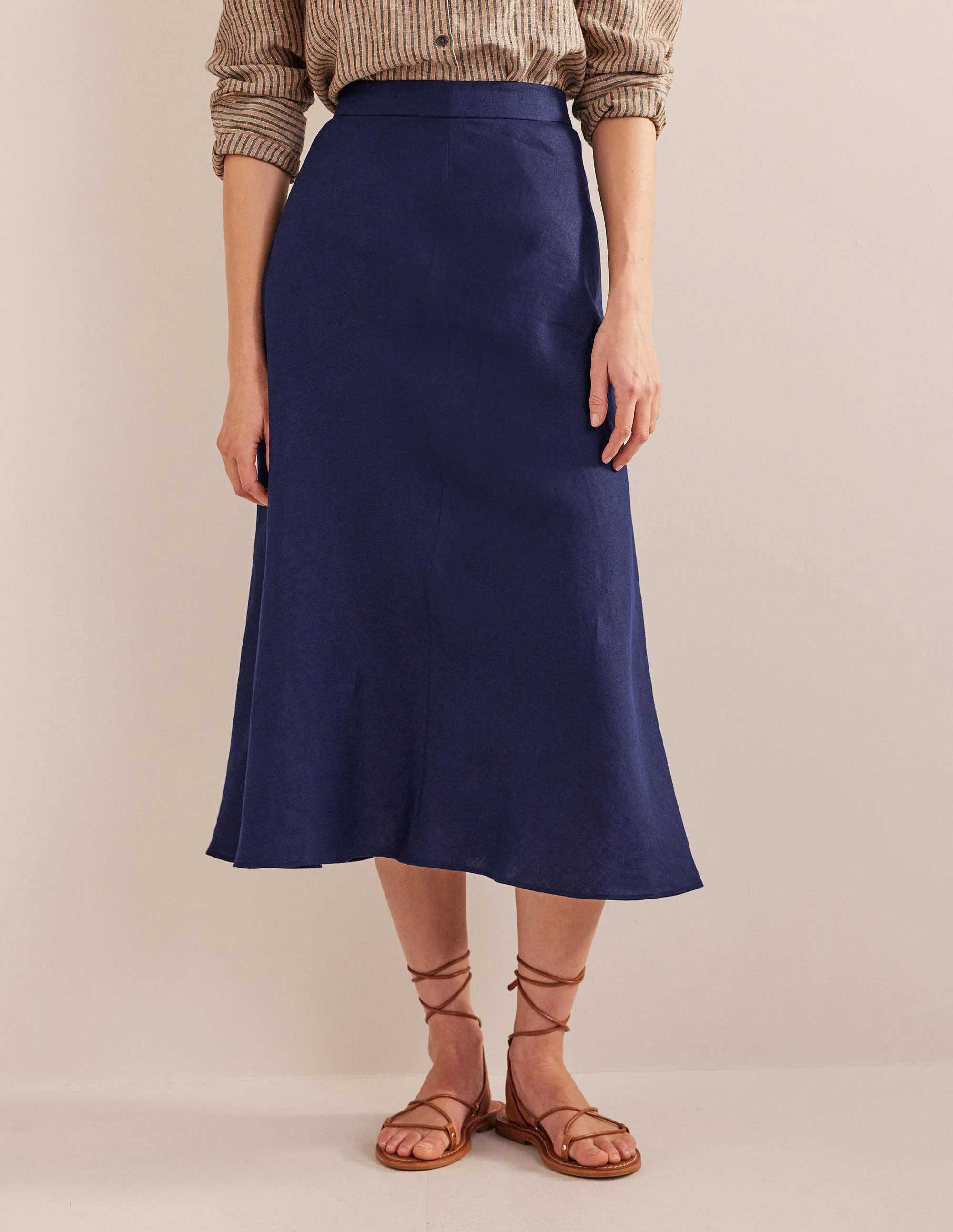 Bias Linen Midi Skirt-Navy - Image 5