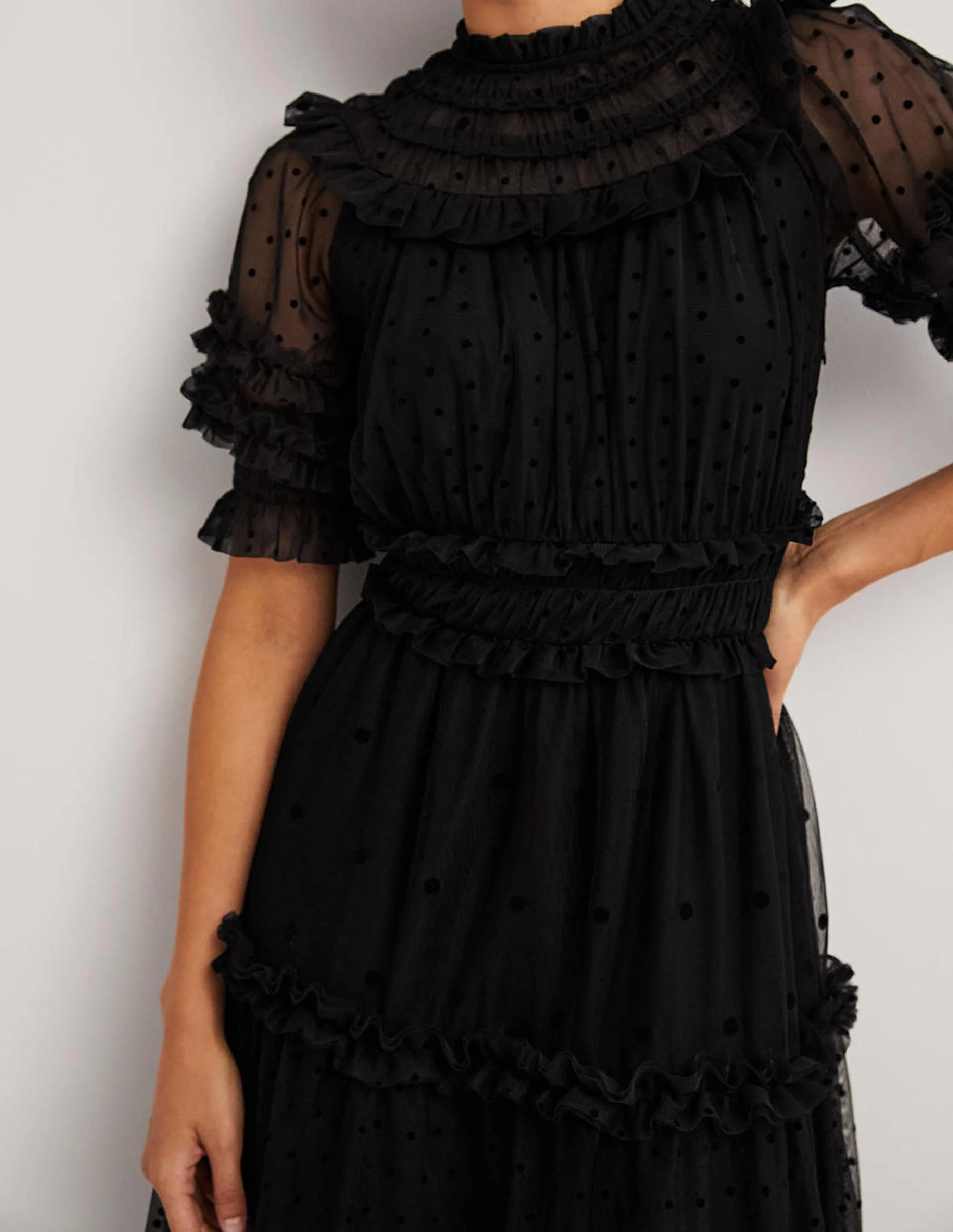 Black Polka Dot Tulle Midi Dress-Black - Image 4