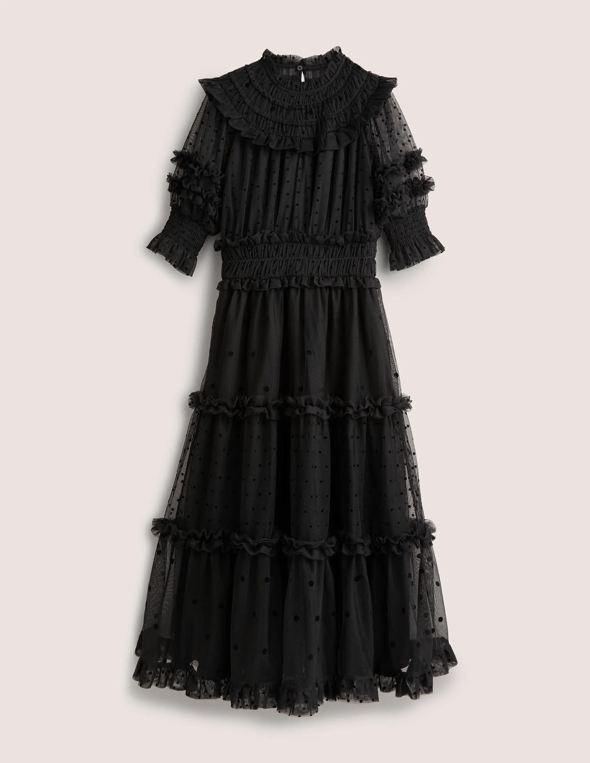 Black Polka Dot Tulle Midi Dress-Black - Image 7