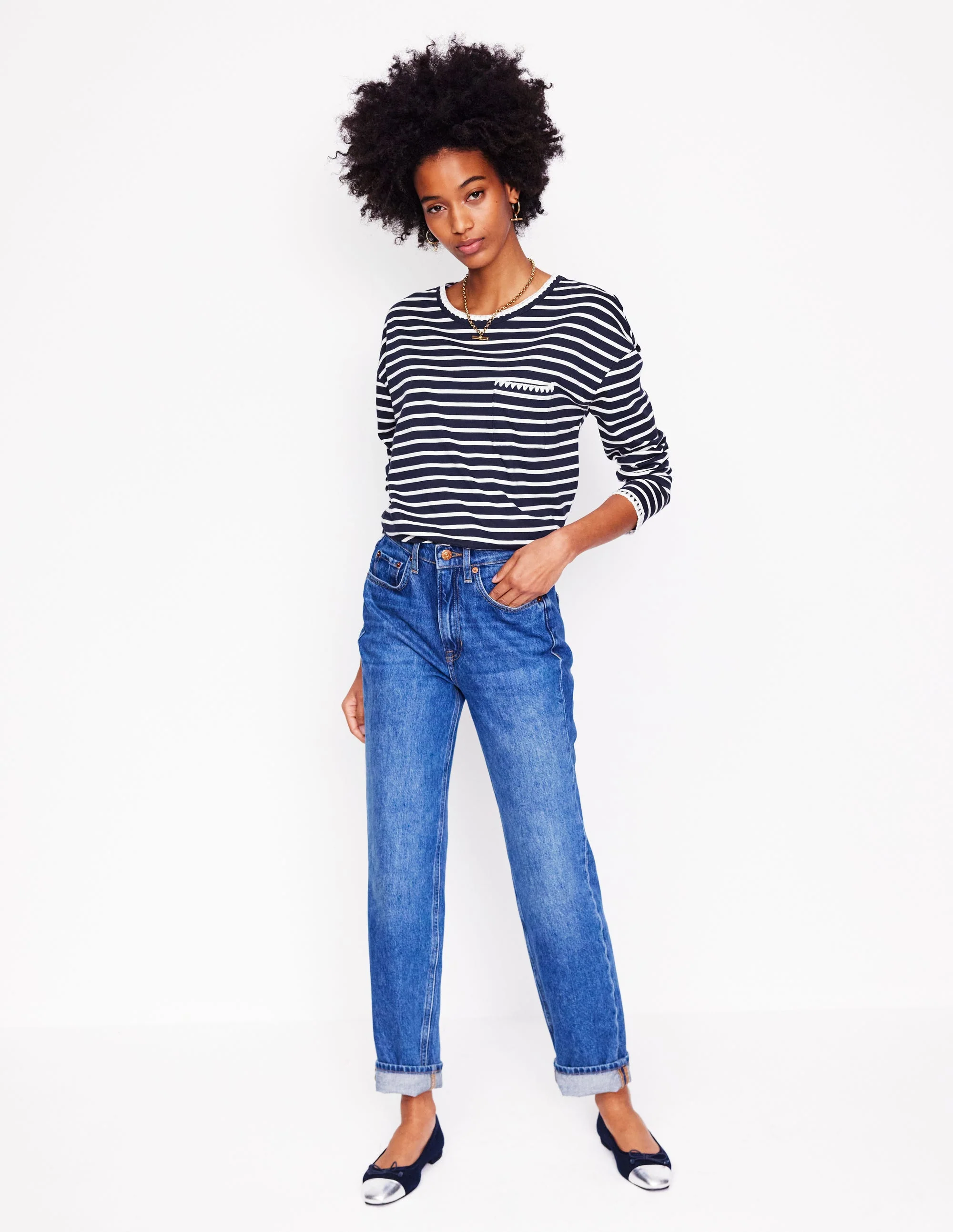 Blanket Stitch Boxy Top-Navy, Ivory - Image 4