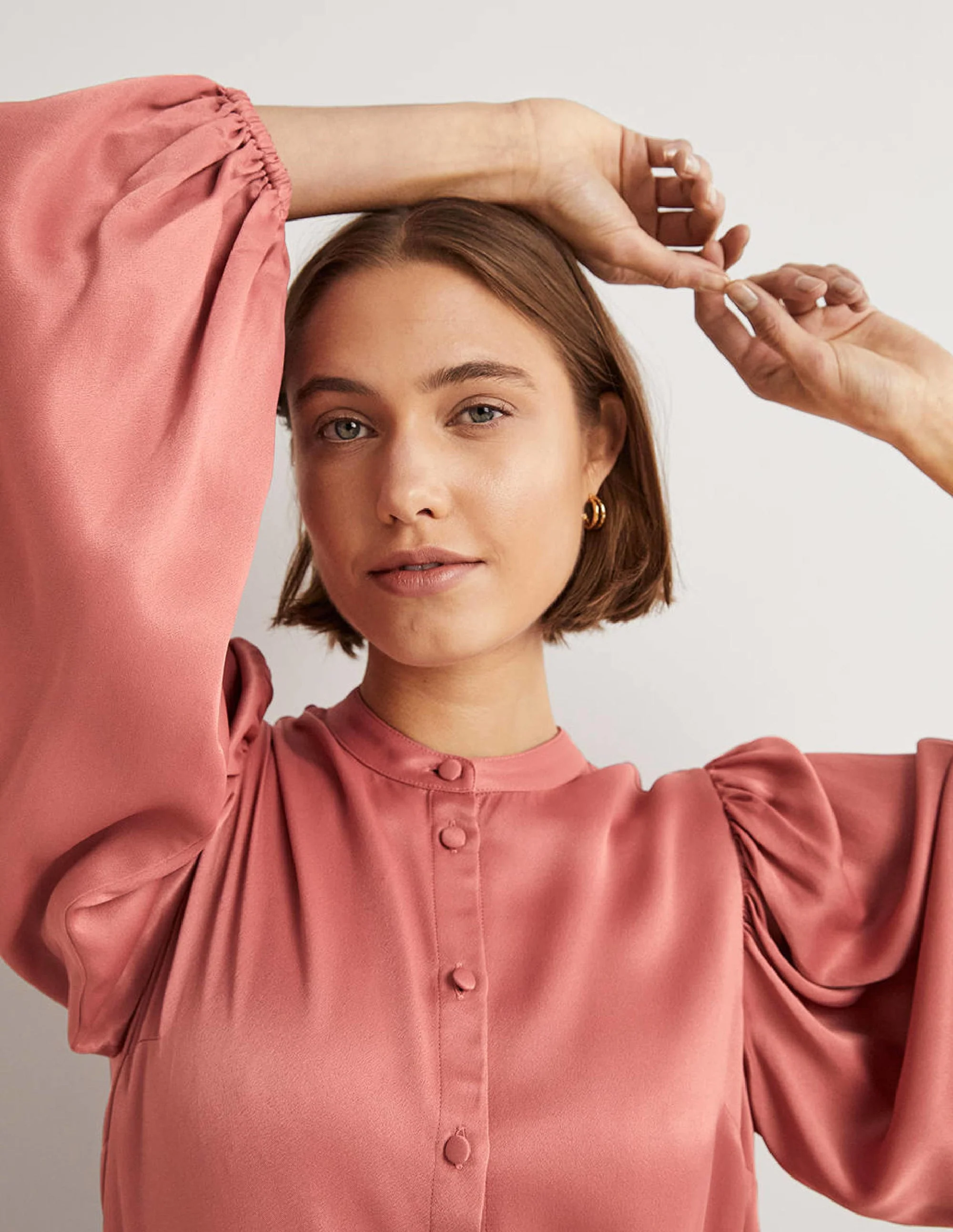 Blouson Sleeve Satin Shirt-Dusty Rose - Image 2