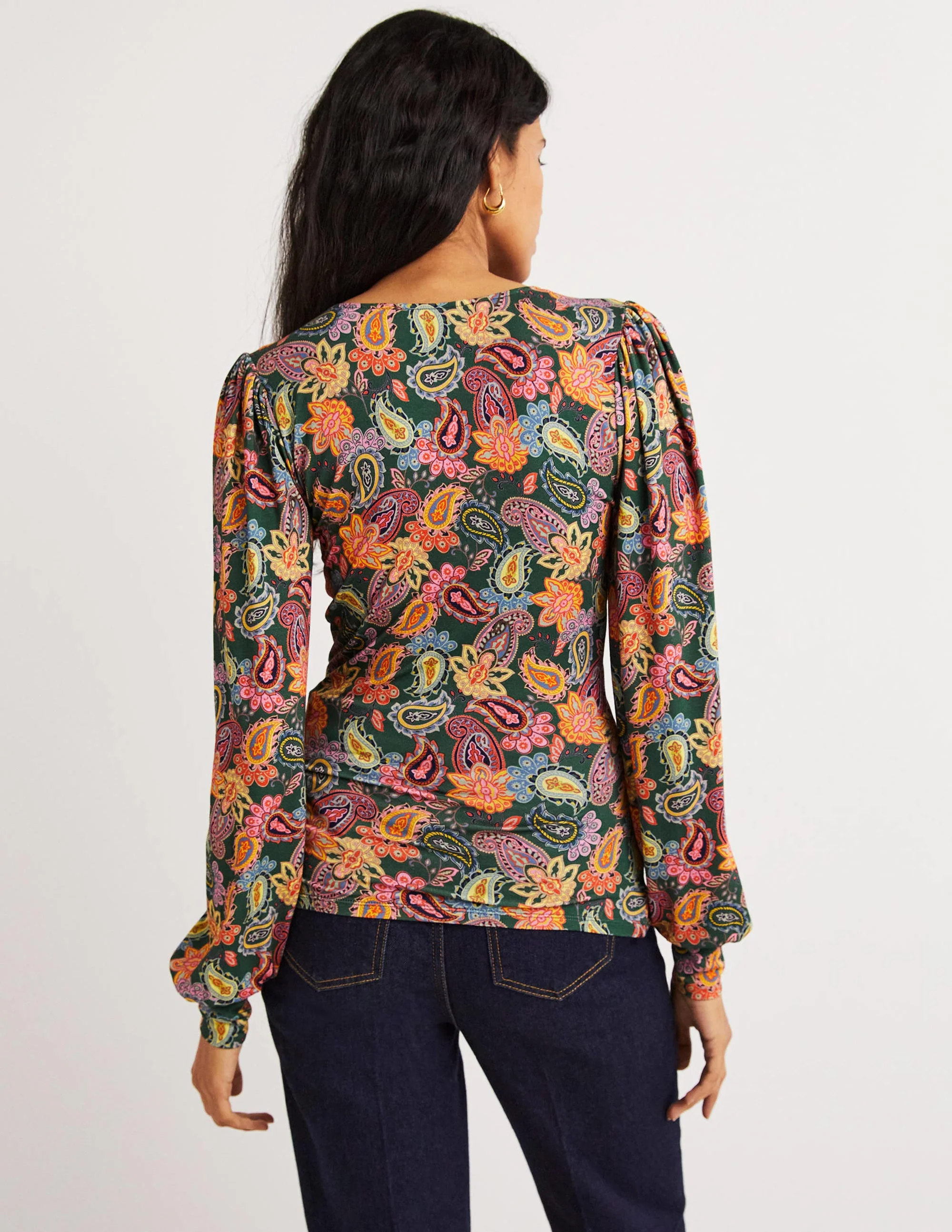 Blouson Wrap Top-Trekking Green, Paisley Charm - Image 3