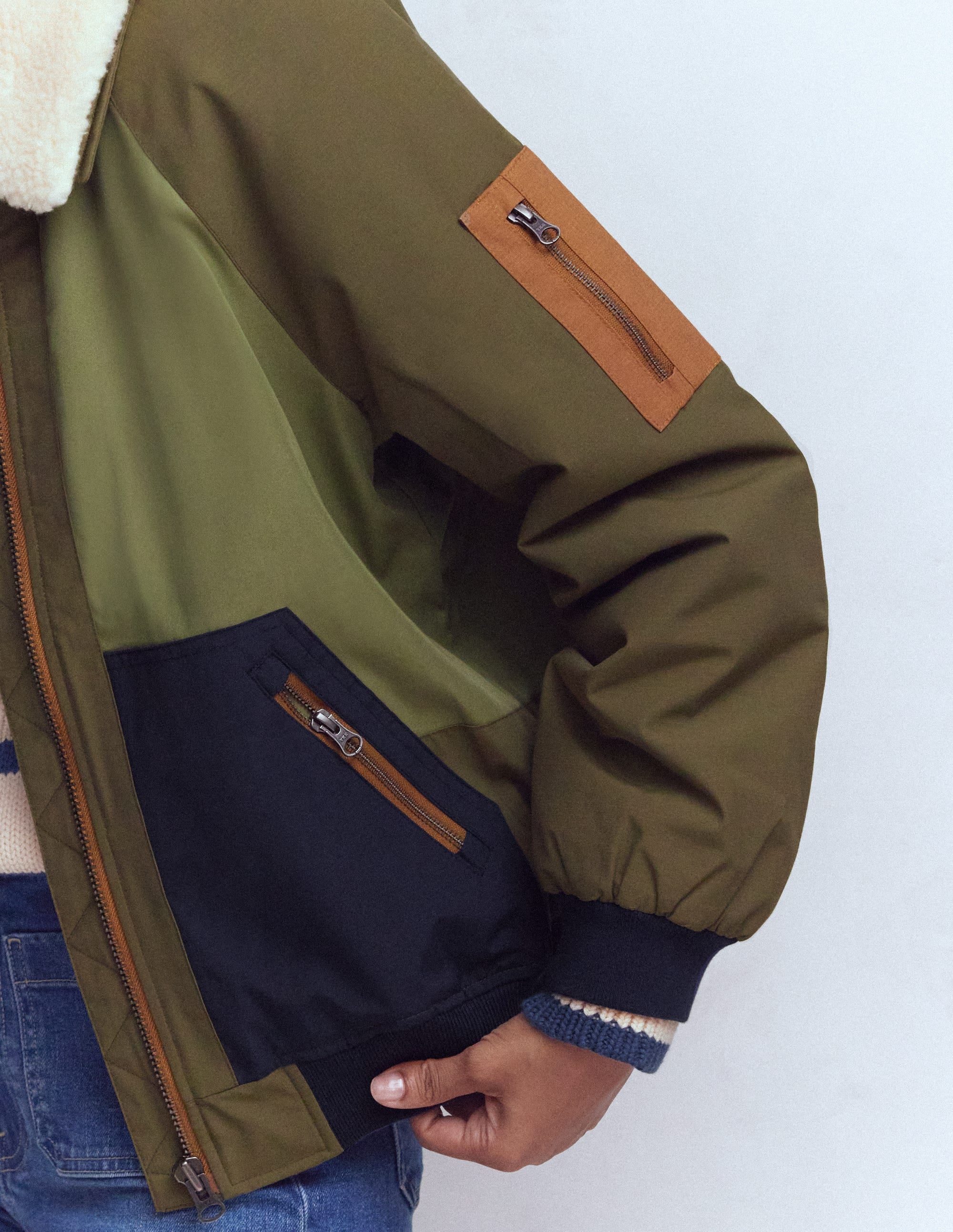 Borg Detail Bomber Jacket-Woodland Green - Image 5