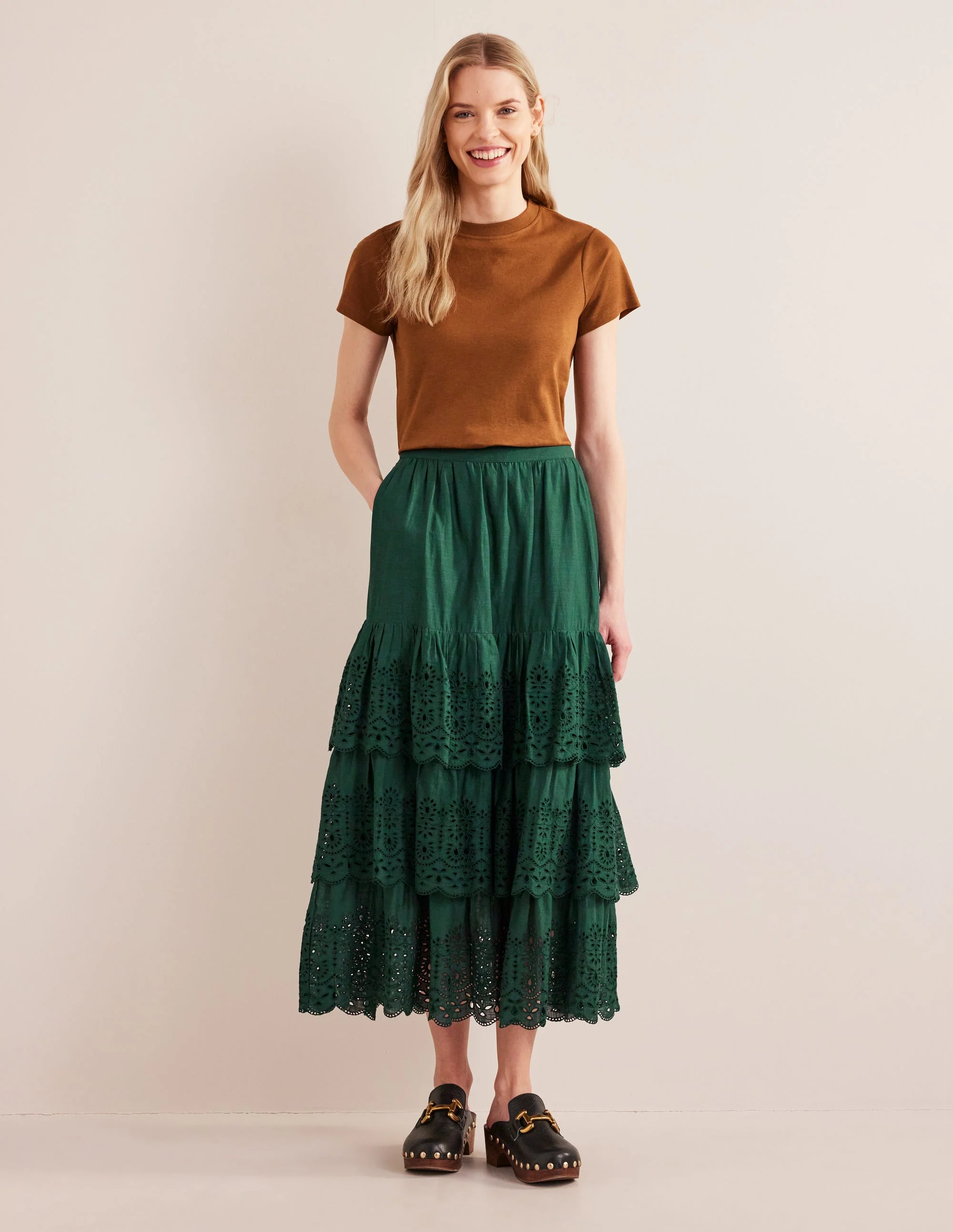 Broderie Cotton Maxi Skirt-Chatsworth Green