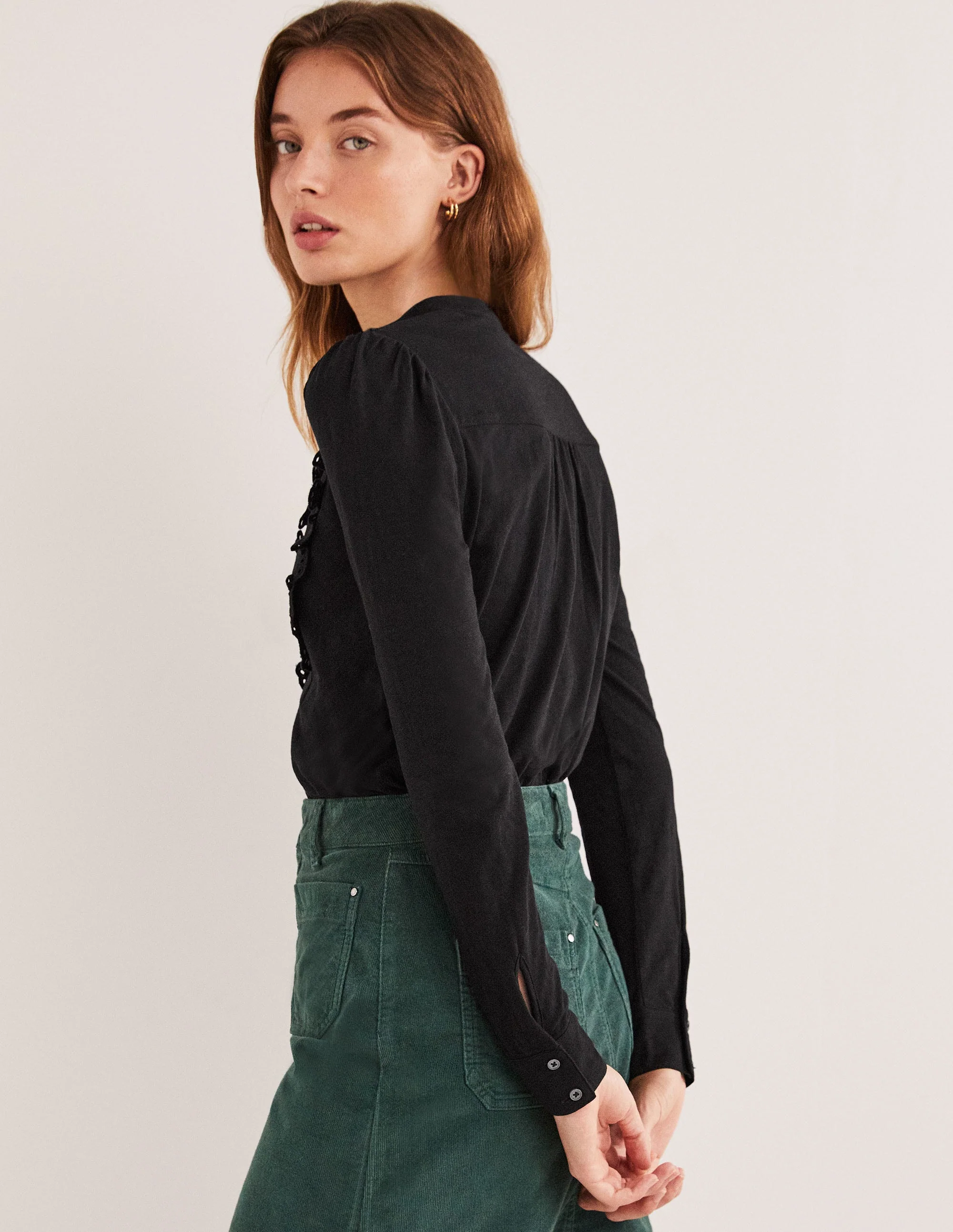 Broderie Ruffle Jersey Top-Black - Image 3