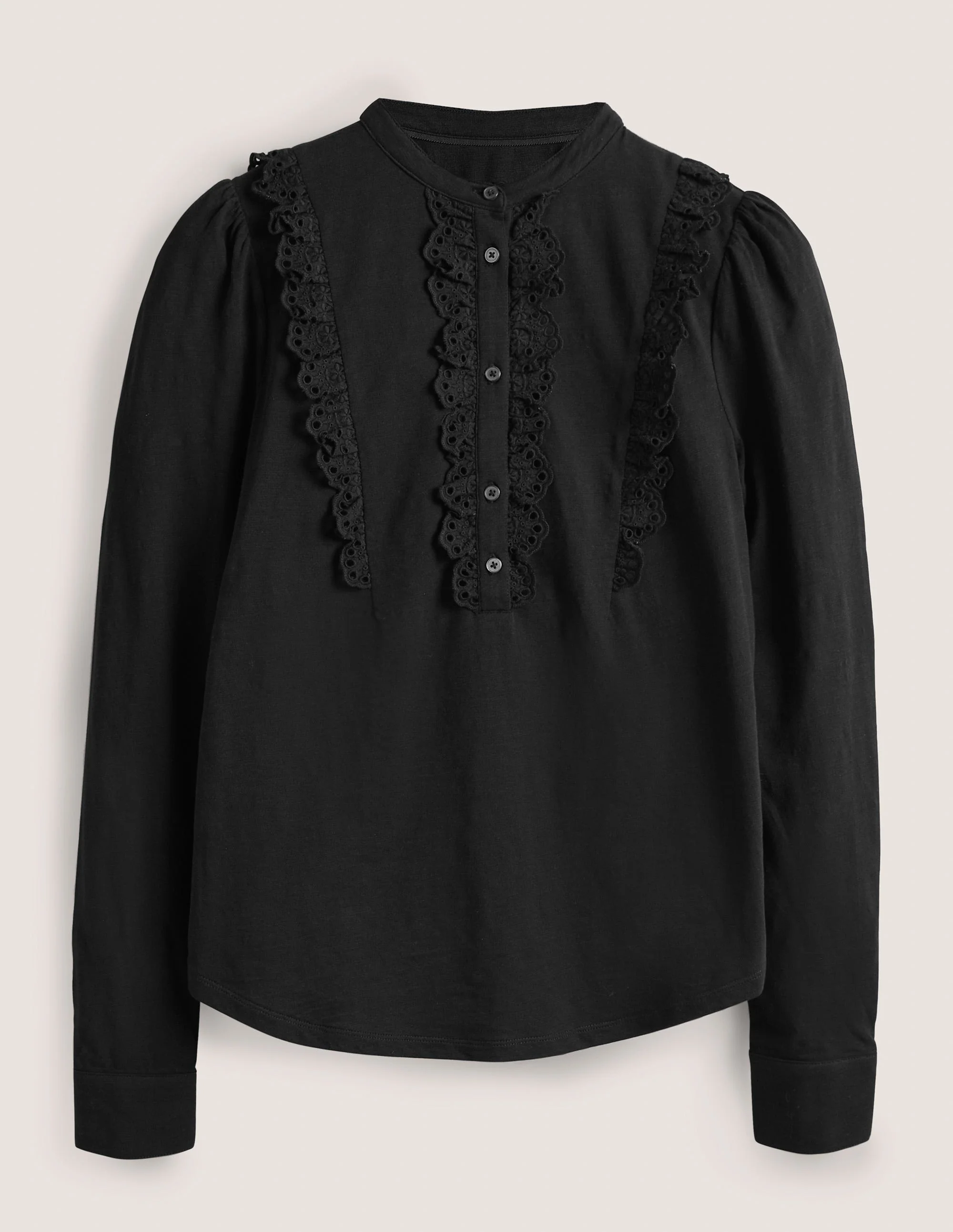 Broderie Ruffle Jersey Top-Black - Image 5