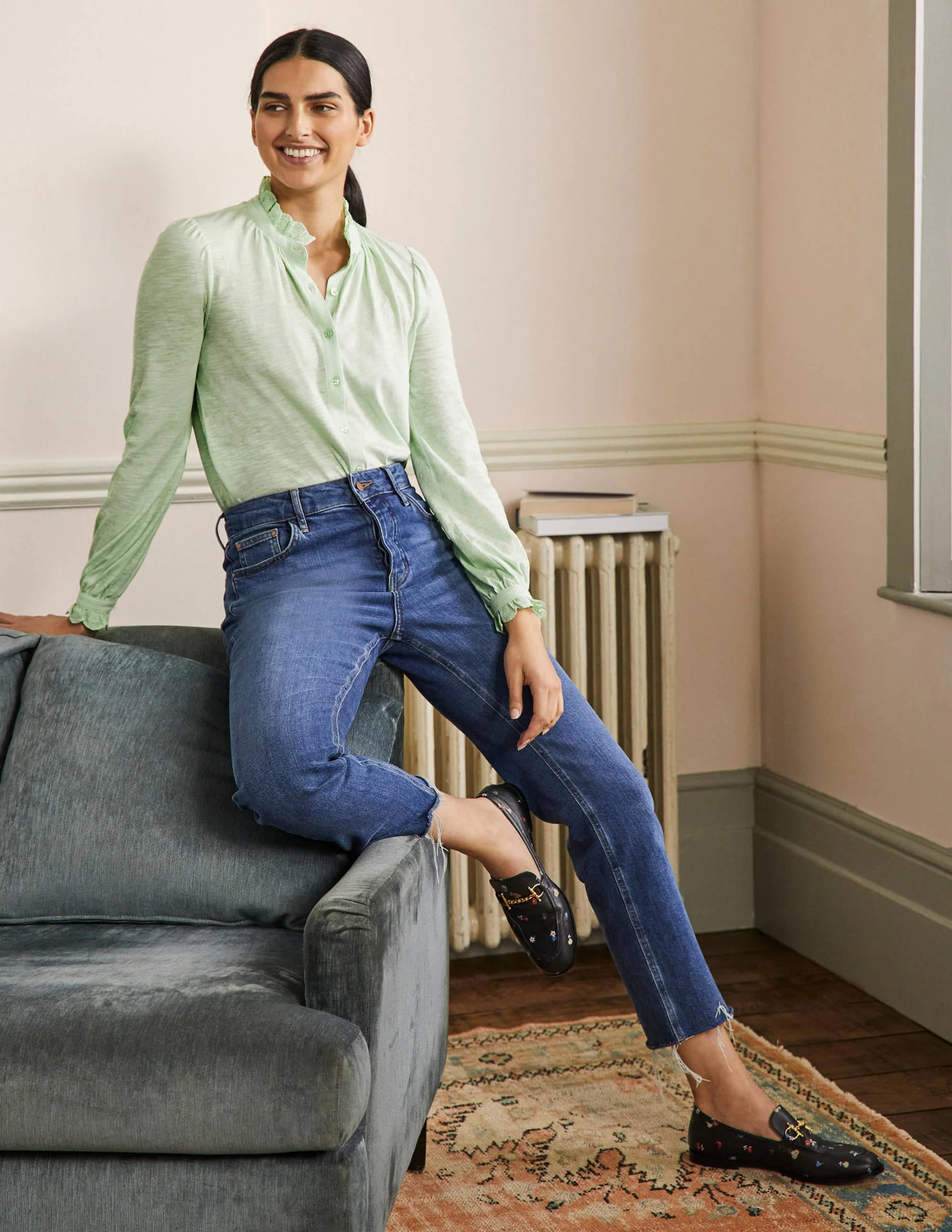 Broderie Trim Jersey Shirt-Avocado Cream - Image 4