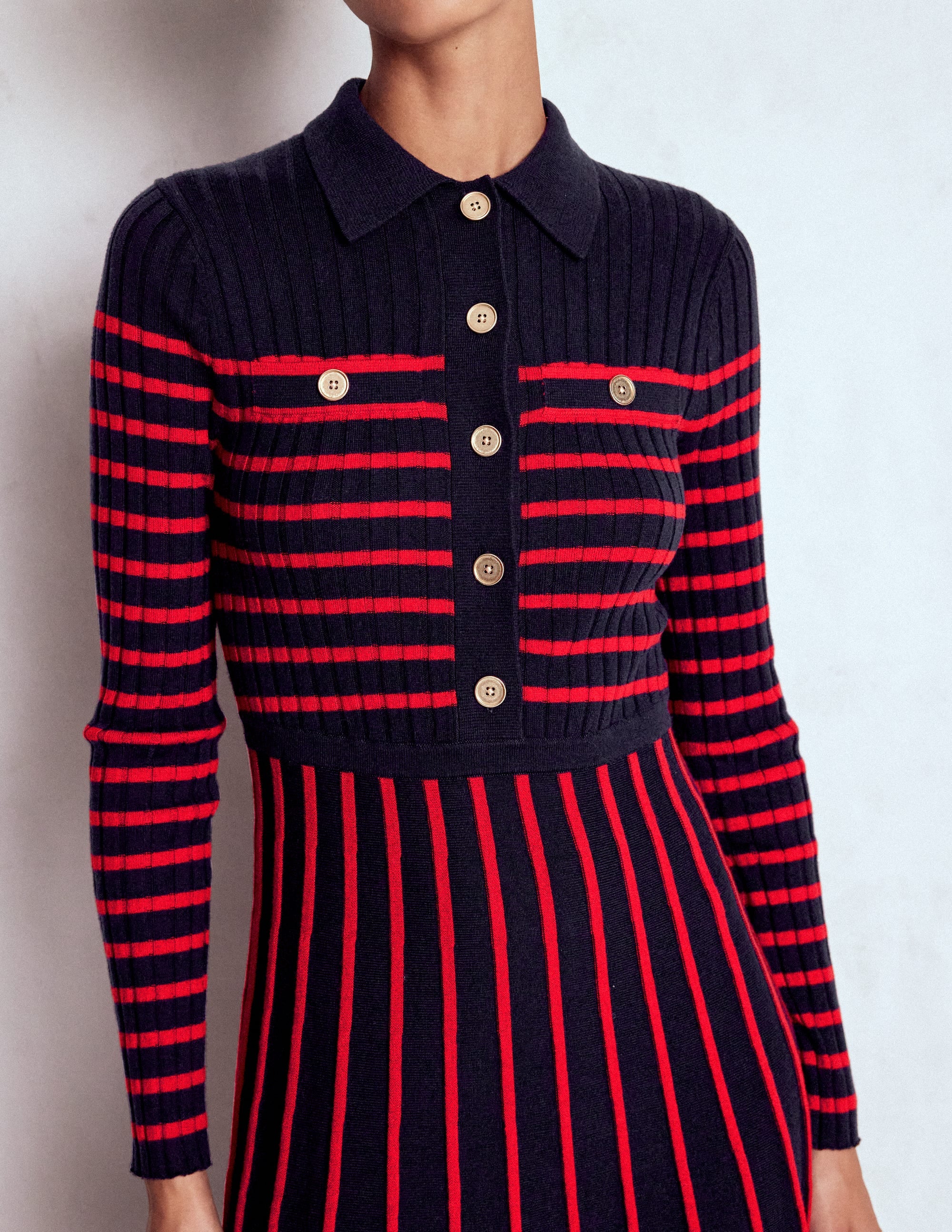 Brönte Knitted Rib Shirt Dress-Navy and Red Stripe - Image 2