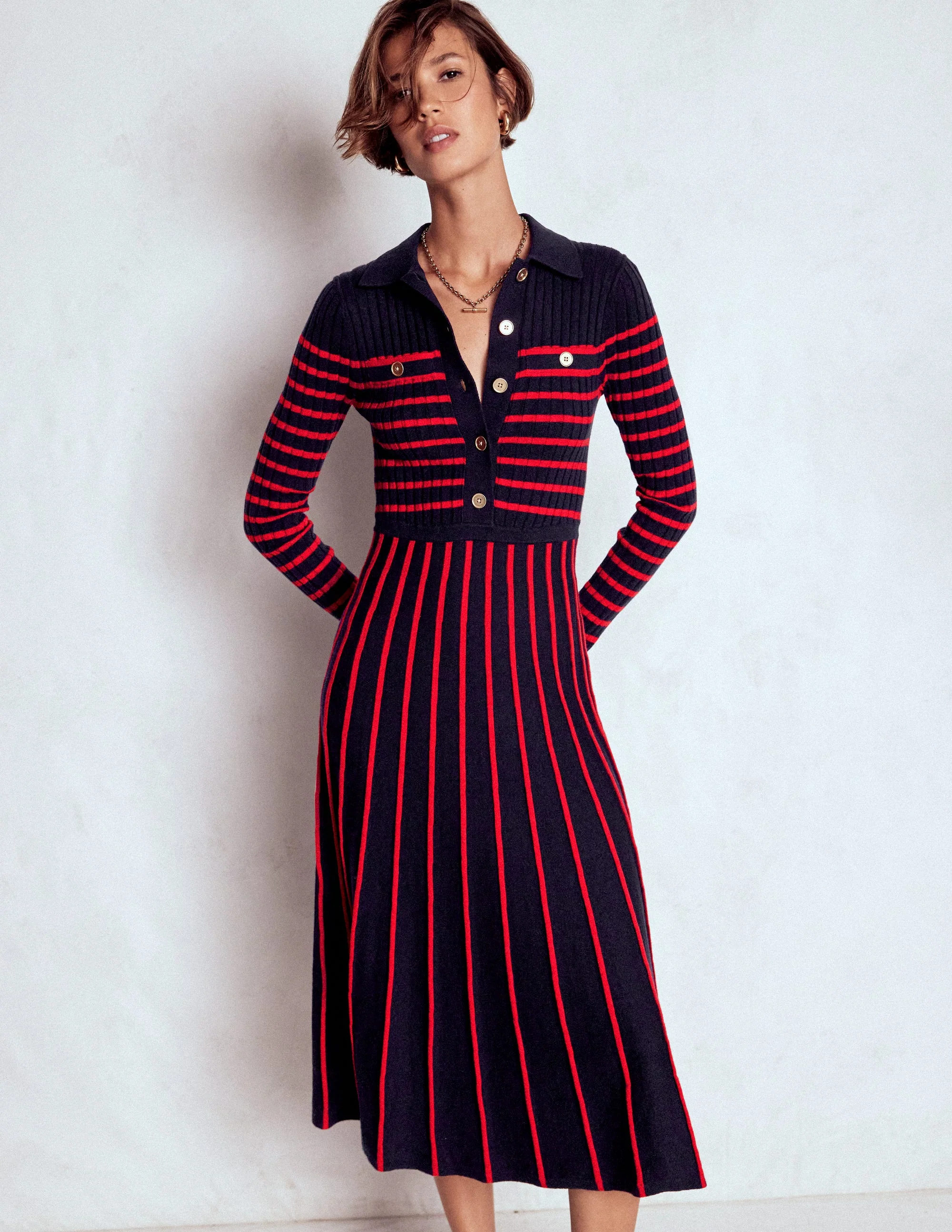 Brönte Knitted Rib Shirt Dress-Navy and Red Stripe - Image 4