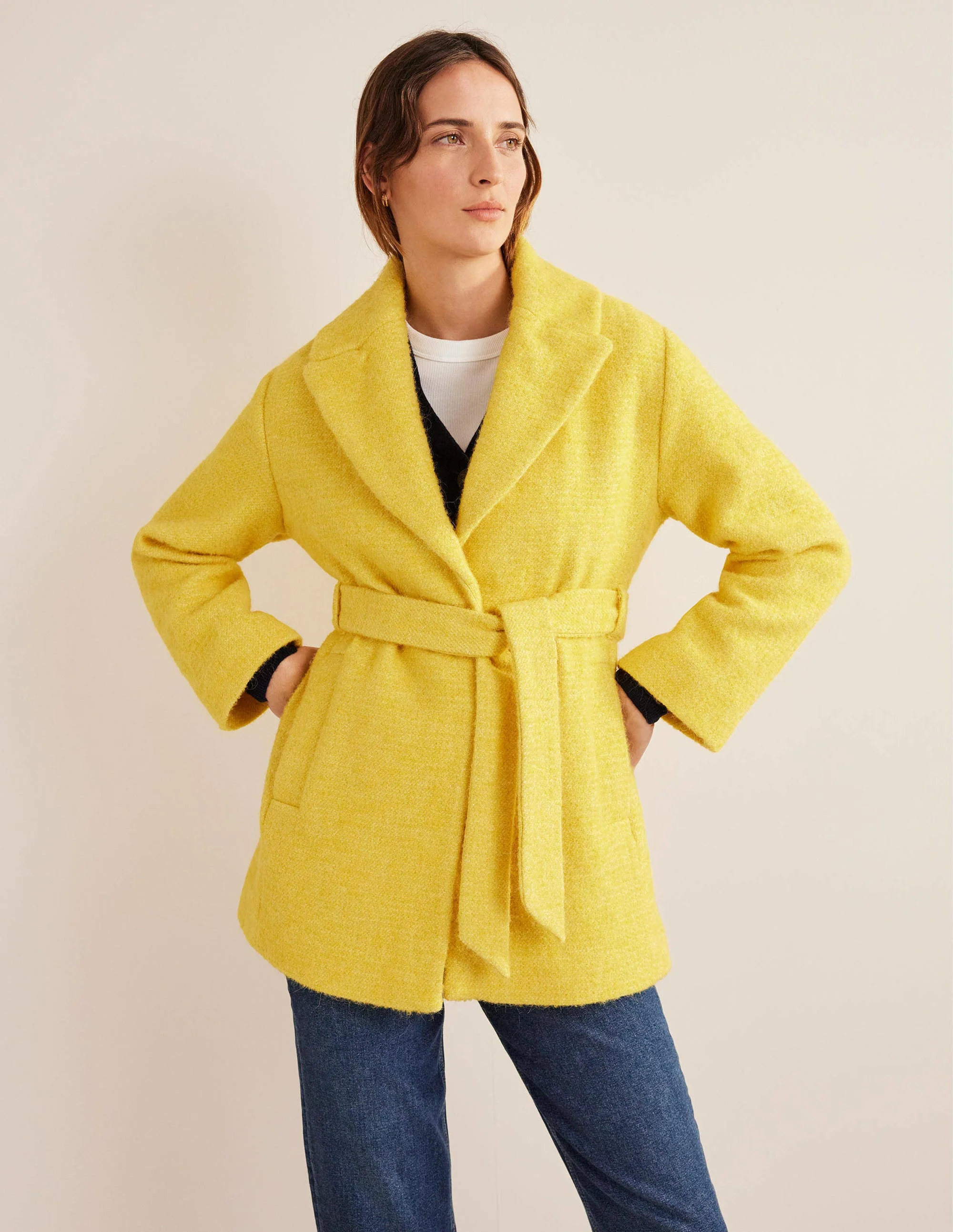 Brushed Wool Blend Belted Coat-Yellow - Image 4