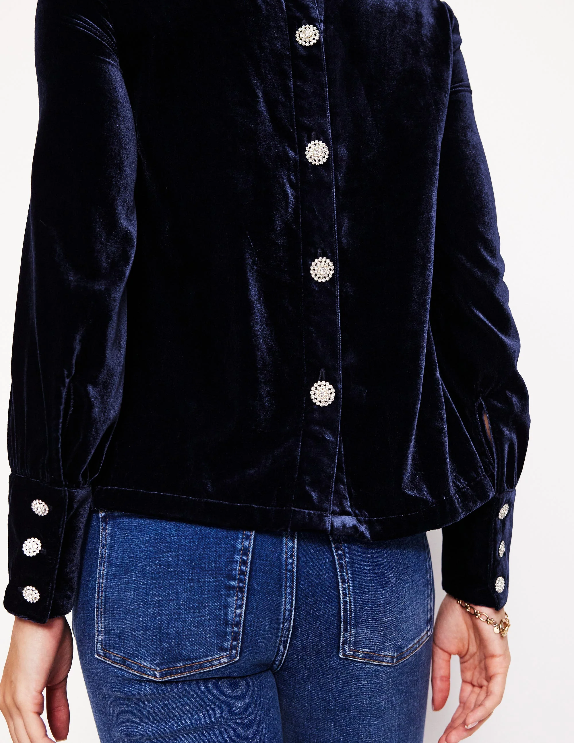 Button Back Velvet Top-Navy - Image 2