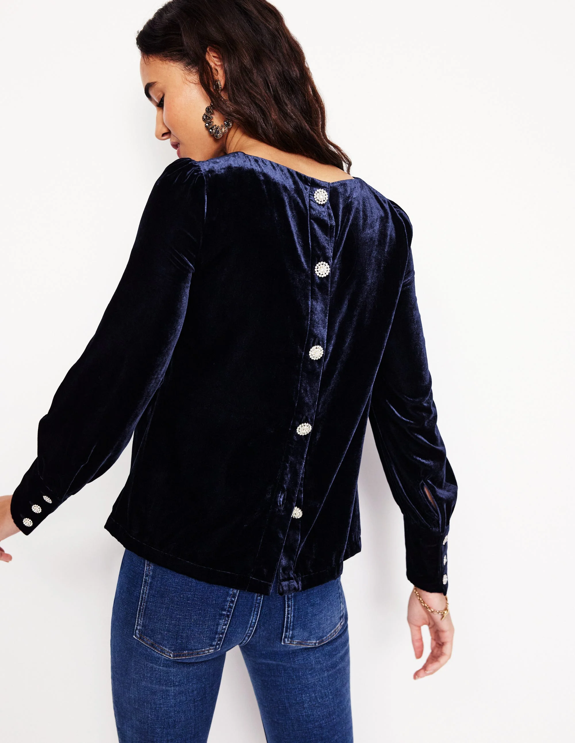 Button Back Velvet Top-Navy - Image 3
