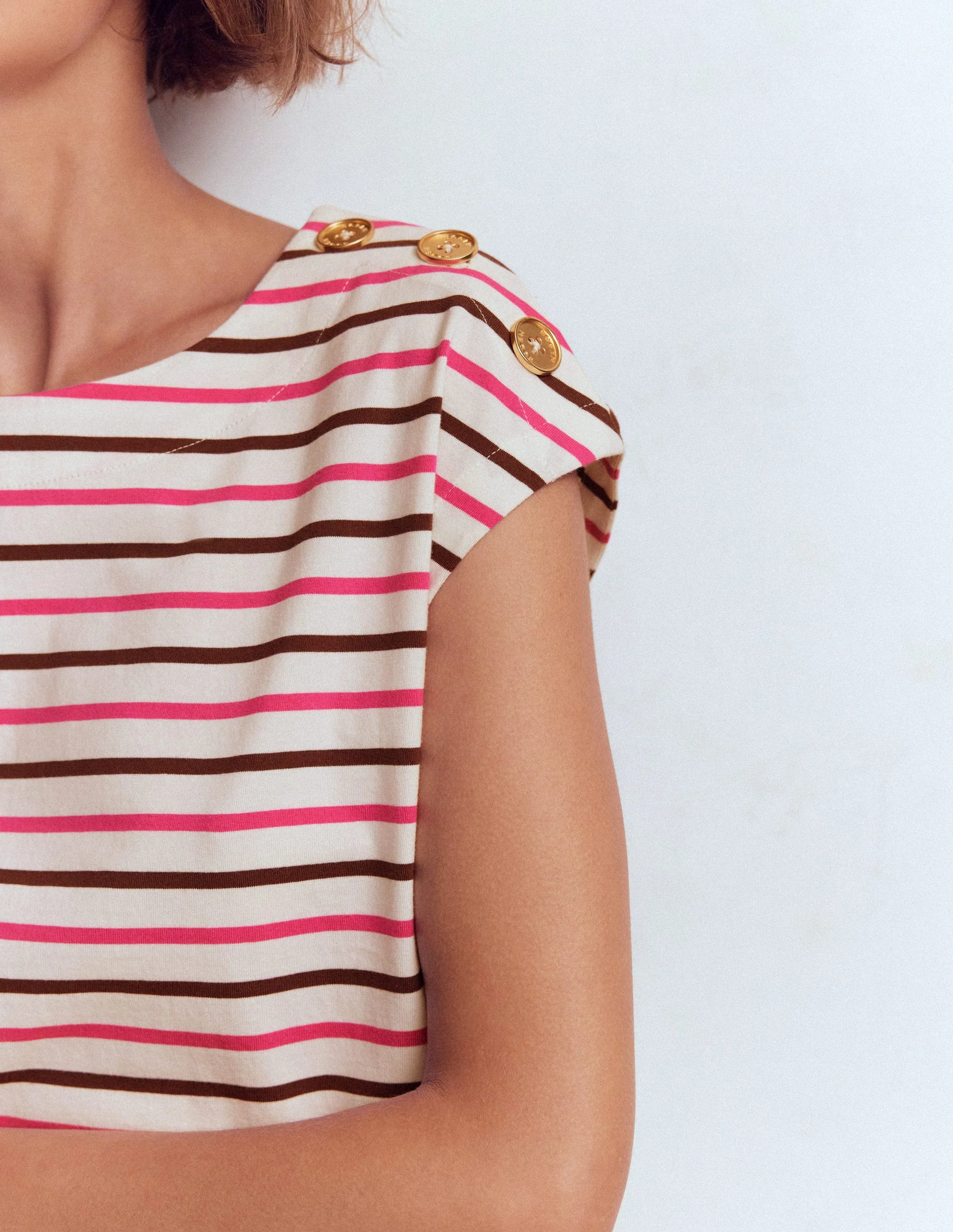 Button Detail T-Shirt-Pink Peony, Raw Umber Stripe - Image 2