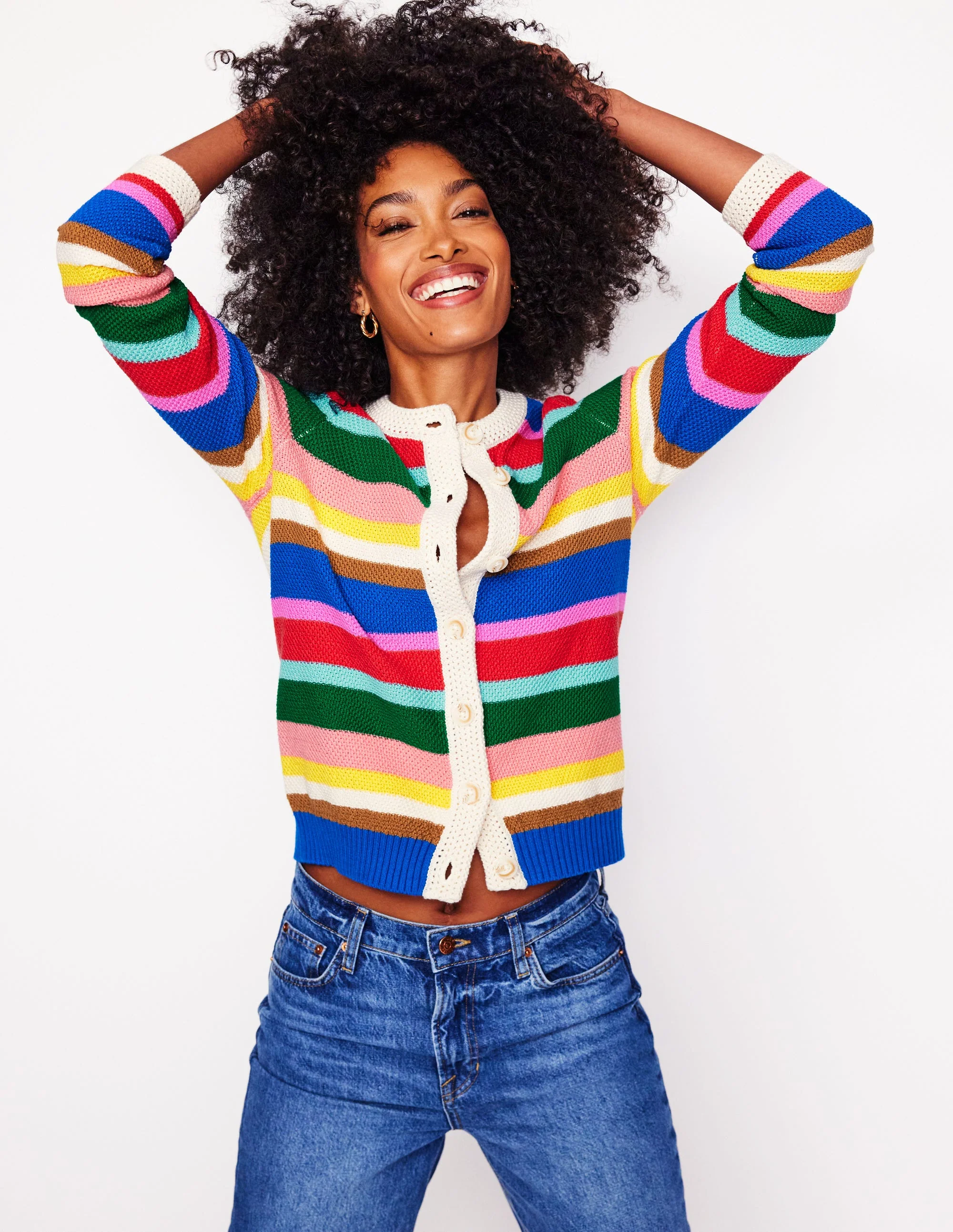 Callie Crochet Trim Cardigan-Bright Rainbow Stripe Large - Image 2