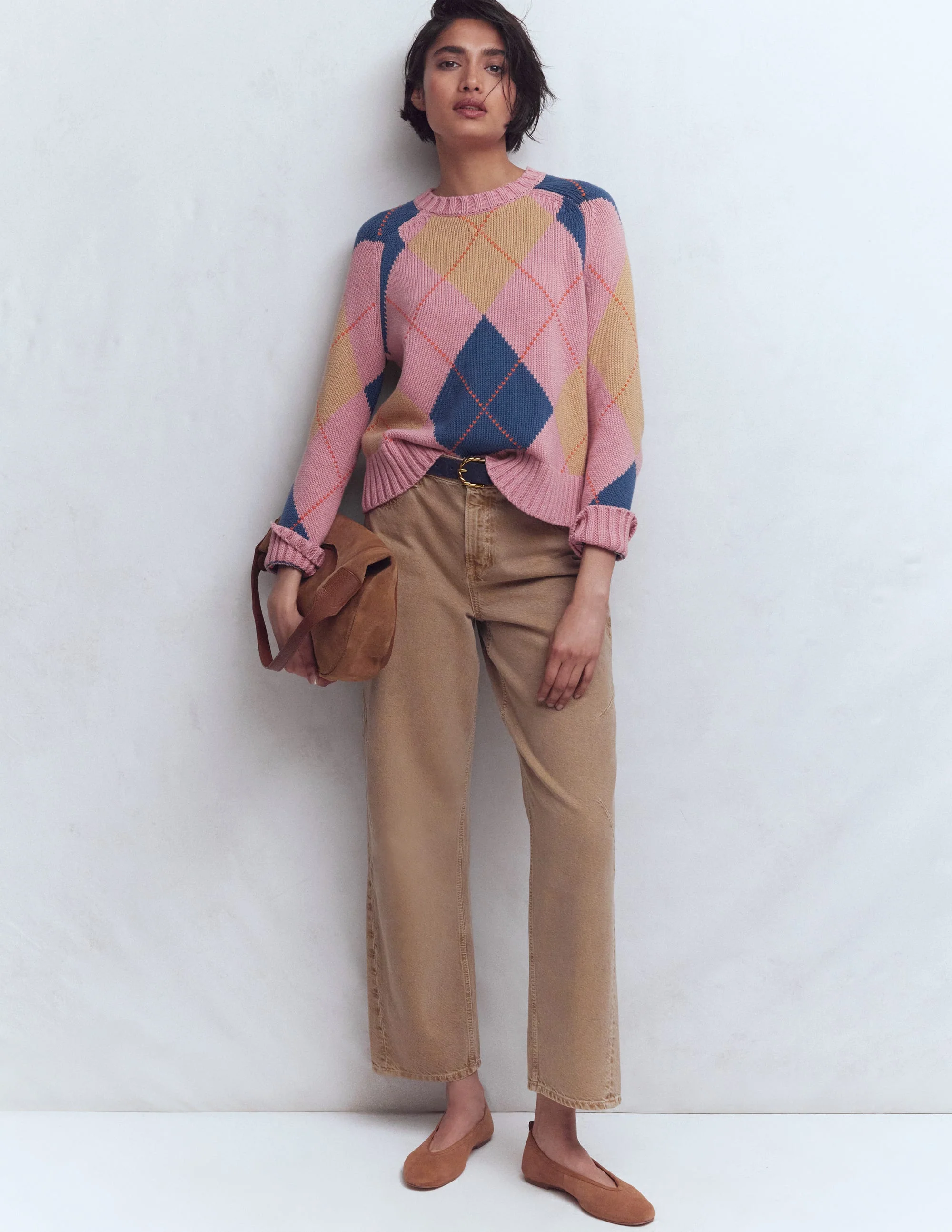 Camilla Cotton Argyle Sweater-Pink Argyle - Image 4