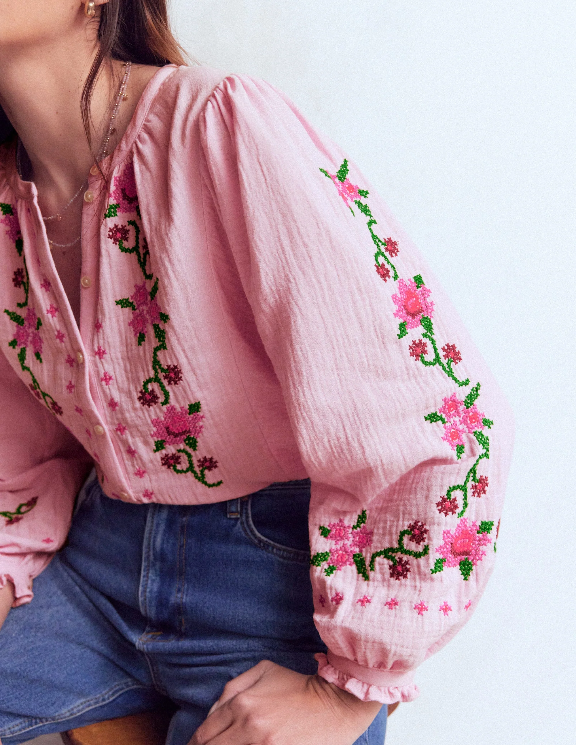 Camille Double Cloth Top-Spring Blossom Pink Embroidery - Image 2