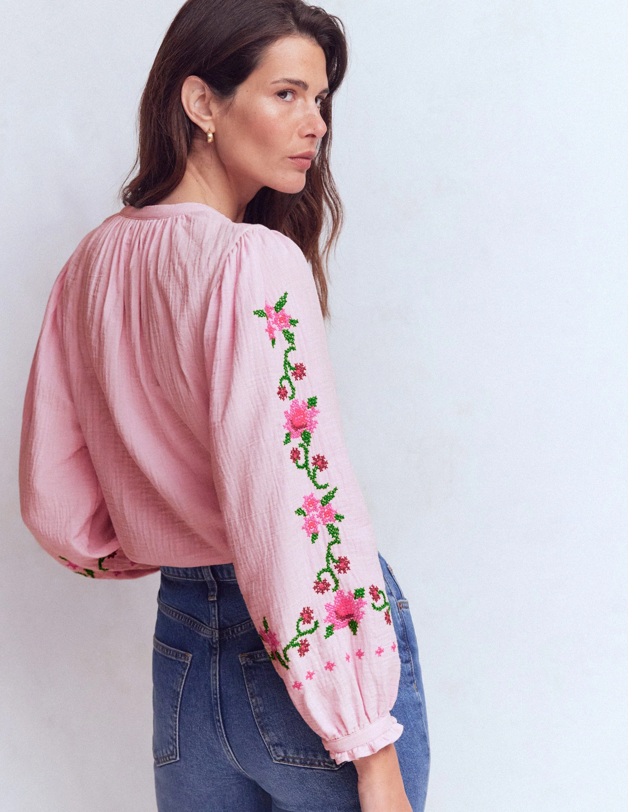 Camille Double Cloth Top-Spring Blossom Pink Embroidery - Image 3