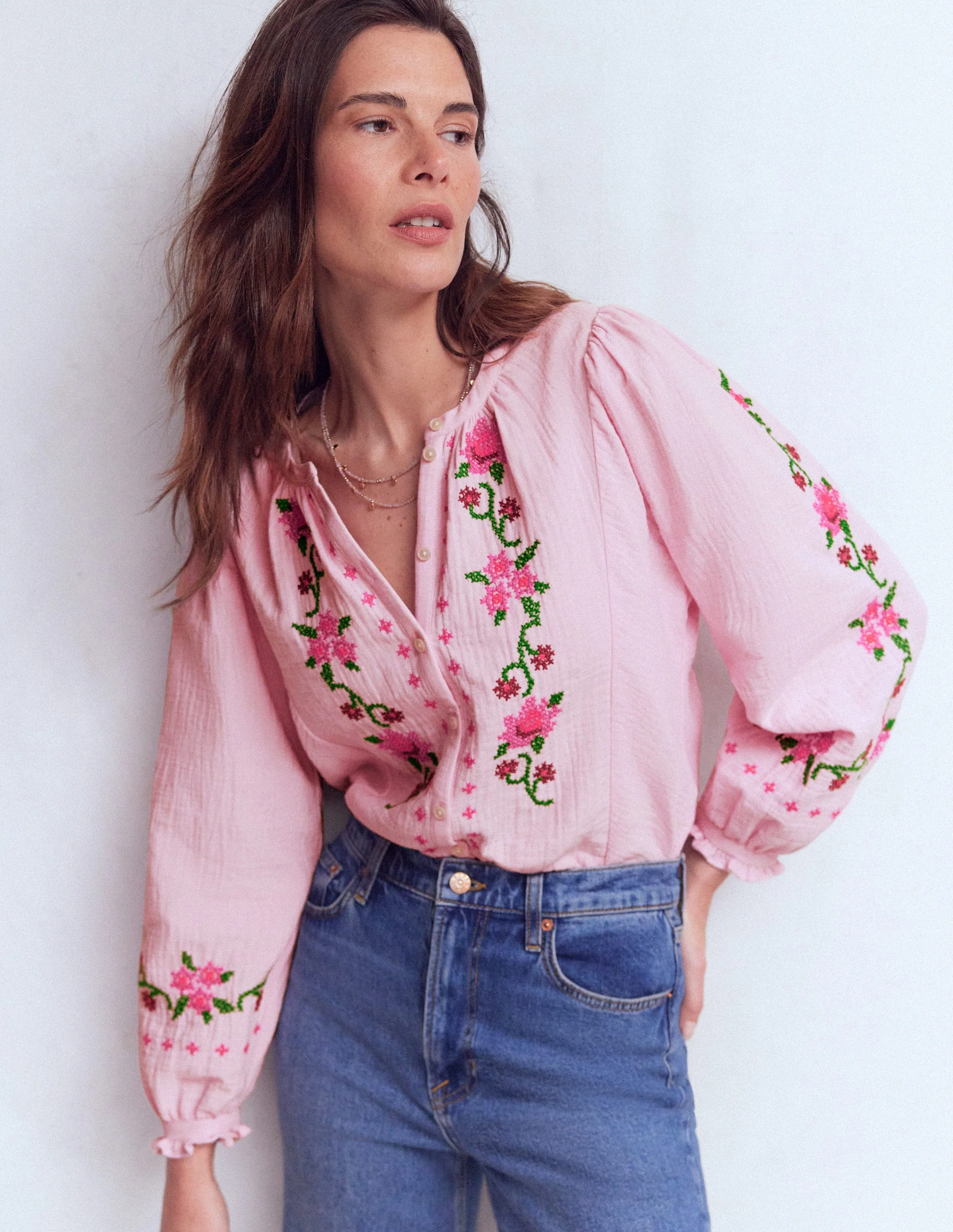 Camille Double Cloth Top-Spring Blossom Pink Embroidery - Image 4