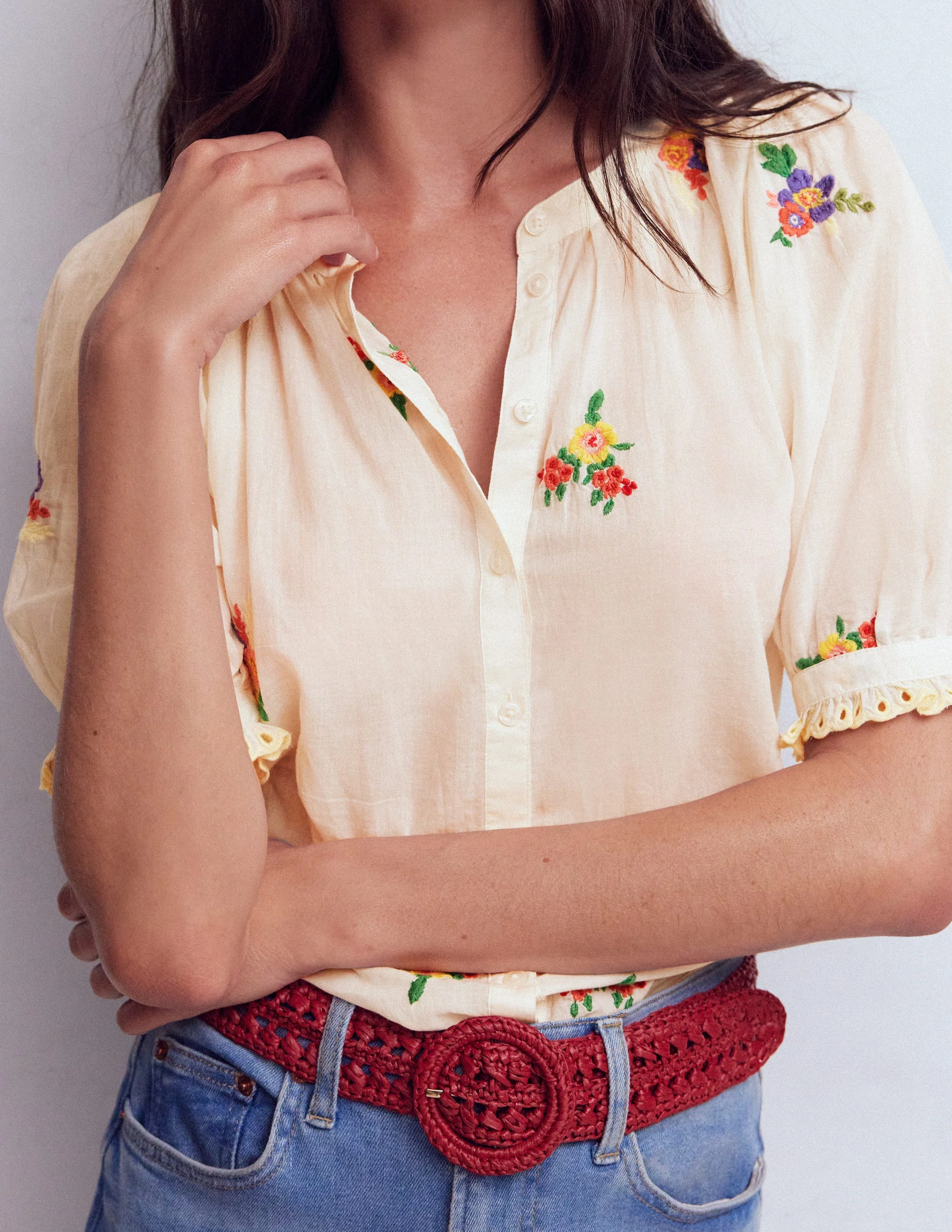 Camille Embroidered Cotton Top-Ivory Floral Embroidery - Image 3