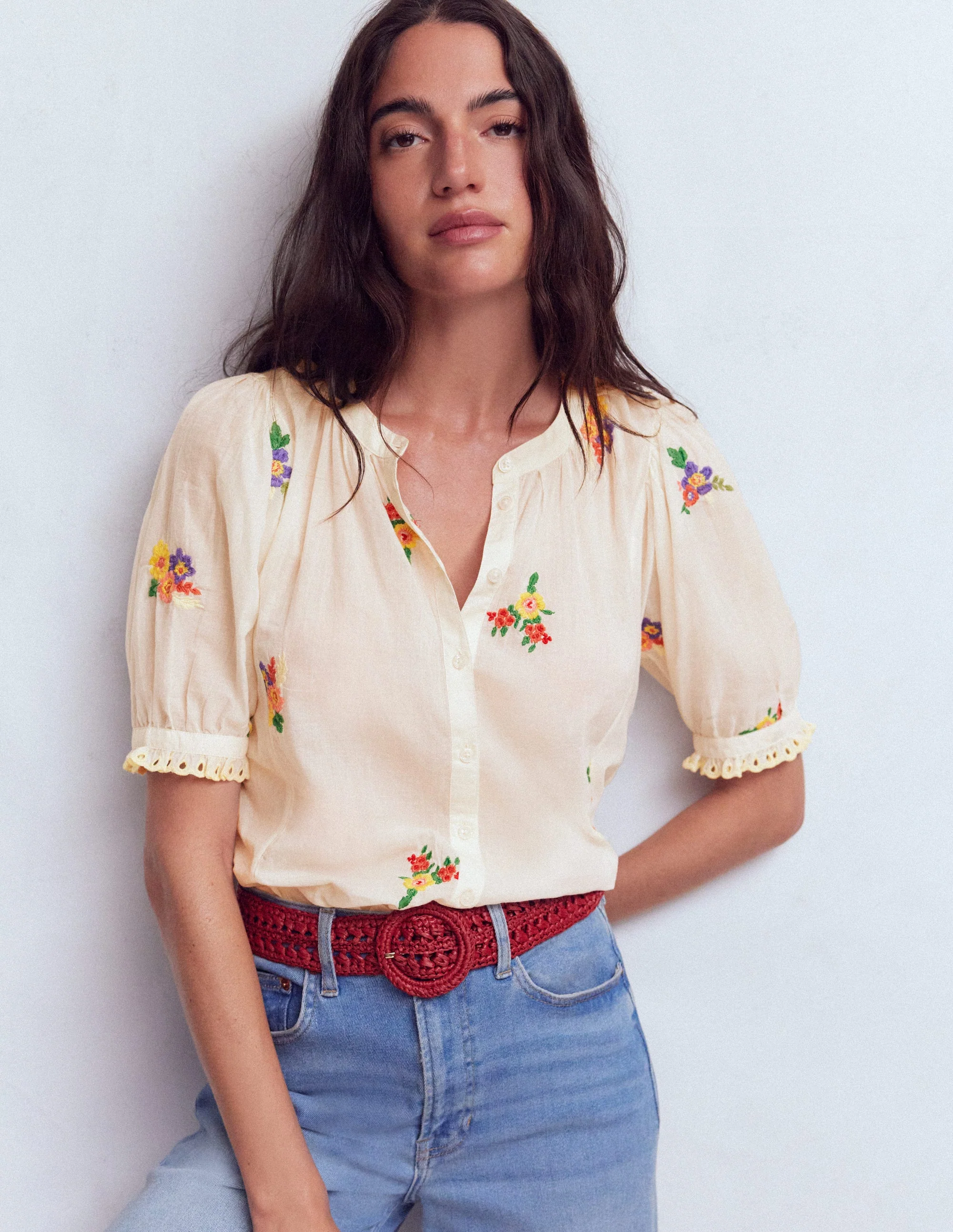 Camille Embroidered Cotton Top-Ivory Floral Embroidery - Image 5