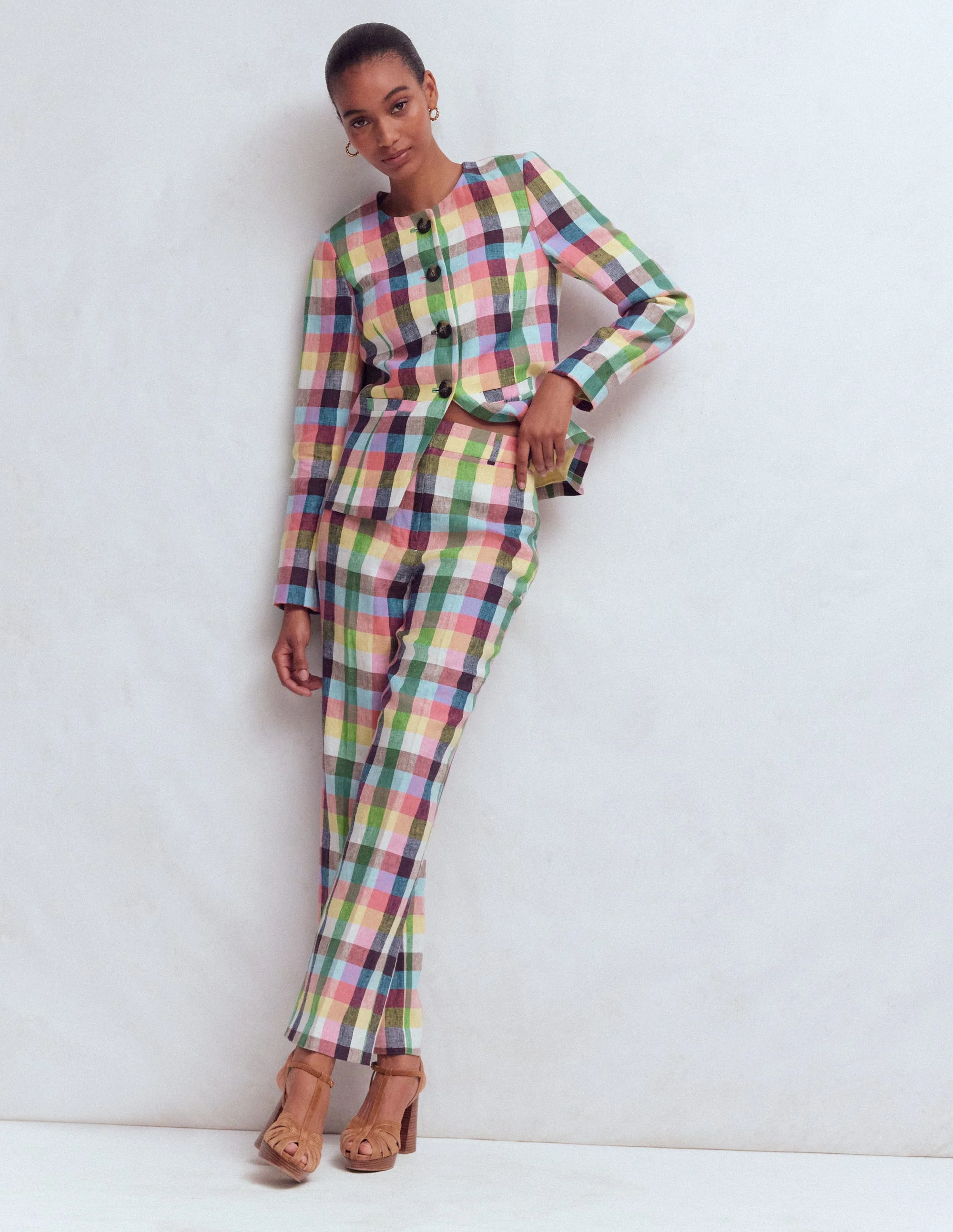 Canonbury Linen Pants-Soft Yellow, Pink Multigingham