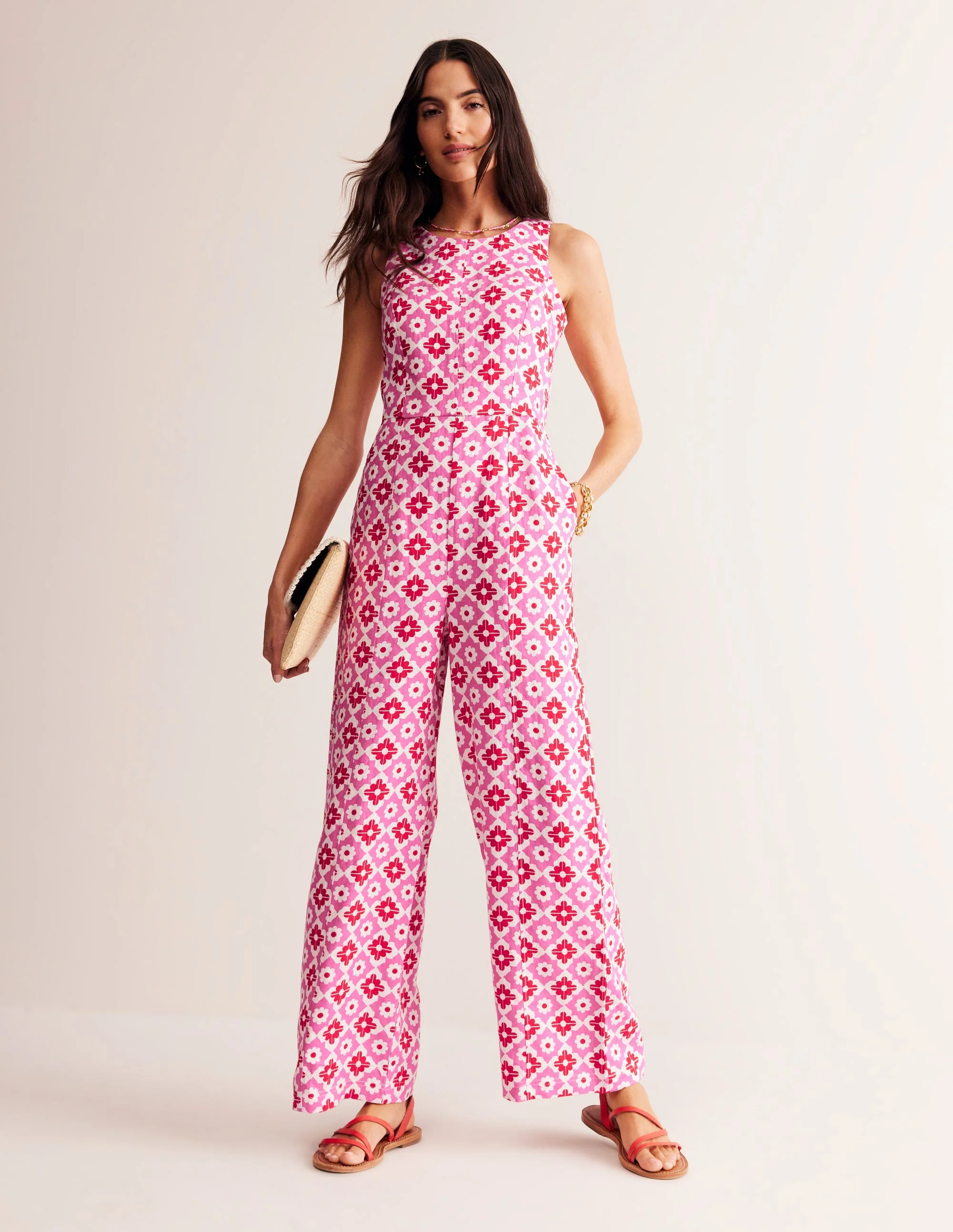 Carla Linen Jumpsuit-Pink Power, Geometric Stamp - Image 2
